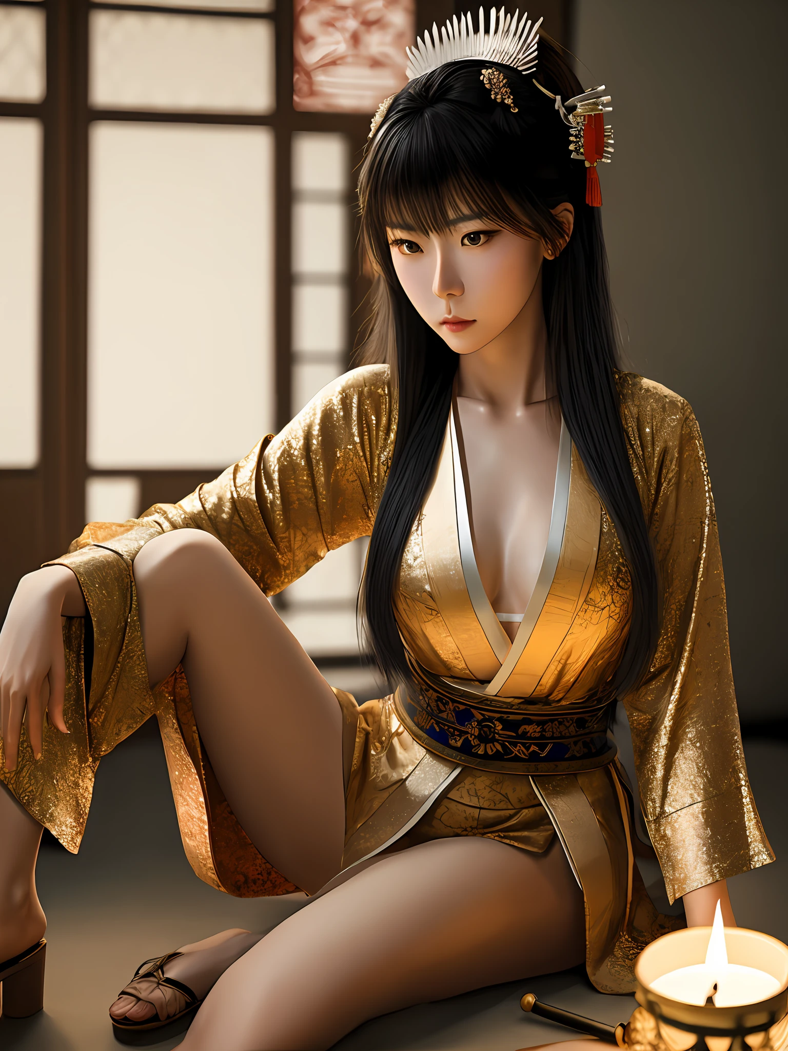 RAW photo, Full portrait of a Japanese female samurai warrior holding a longsword ((intricate detail of sword blade)), (sitting cross-legged), (Detailed Face), (beautiful glossy eyes:1.1), (highly detailed skin:1.1), ((expression of meditation or lost in thought)), perfect slim body, (:1.3), wearing an elaborate silky textured kimono with intricate imari ware design similar to Japanese ceramics of the Edo period, simple handmade jewelry, modelshoot, Fashion Photography, rococco lighting, PHOTOREALISTIC, Realistic, (surrounded by a dark temple in candlelight), blurred background, RAW, analog, shaocus, UHD, HDH, HDR, 8k, 16k, 32k, high resolution, DSLR, high quality, Fujifilm XT3, grain, award winning, masterpiece,