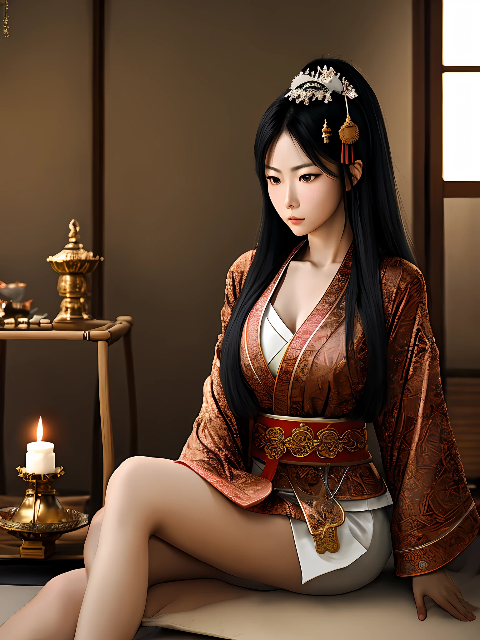 RAW photo, Full portrait of a Japanese female samurai warrior holding a longsword ((intricate detail of sword blade)), (sitting cross-legged), (Detailed Face), (beautiful glossy eyes:1.1), (highly detailed skin:1.1), ((expression of meditation or lost in thought)), perfect slim body, (big breasts:1.3), wearing an elaborate silky textured kimono with intricate imari ware design similar to Japanese ceramics of the Edo period, simple handmade jewelry, modelshoot, Fashion Photography, rococco lighting, PHOTOREALISTIC, Realistic, (surrounded by a dark temple in candlelight), blurred background, RAW, analog, sharp focus, UHD, HDH, HDR, 8k, 16k, 32k, high resolution, DSLR, high quality, Fujifilm XT3, grain, award winning, masterpiece,
