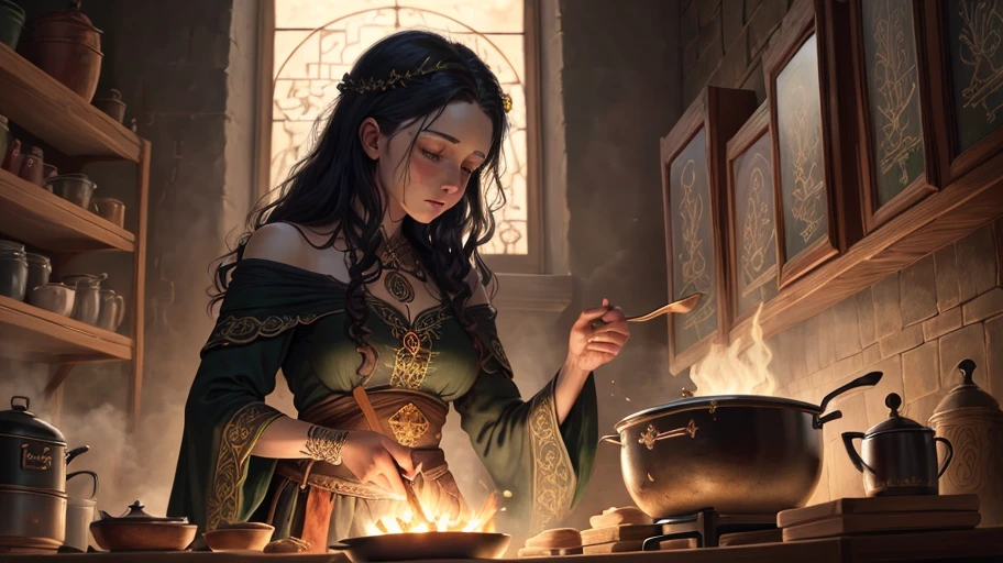 celtic witch, masterpiece, best quality, extremely delicate and beautiful witch, theater of world masterpieces, super detailed, very detailed, best quality, wicca, high resolution, extremely detailed, 1 girl, best quality, illustration, cooking dinner, impasto, canvas, magical sign, realistic, realistic, real, artistic anatomical hands, artistic anatomy,