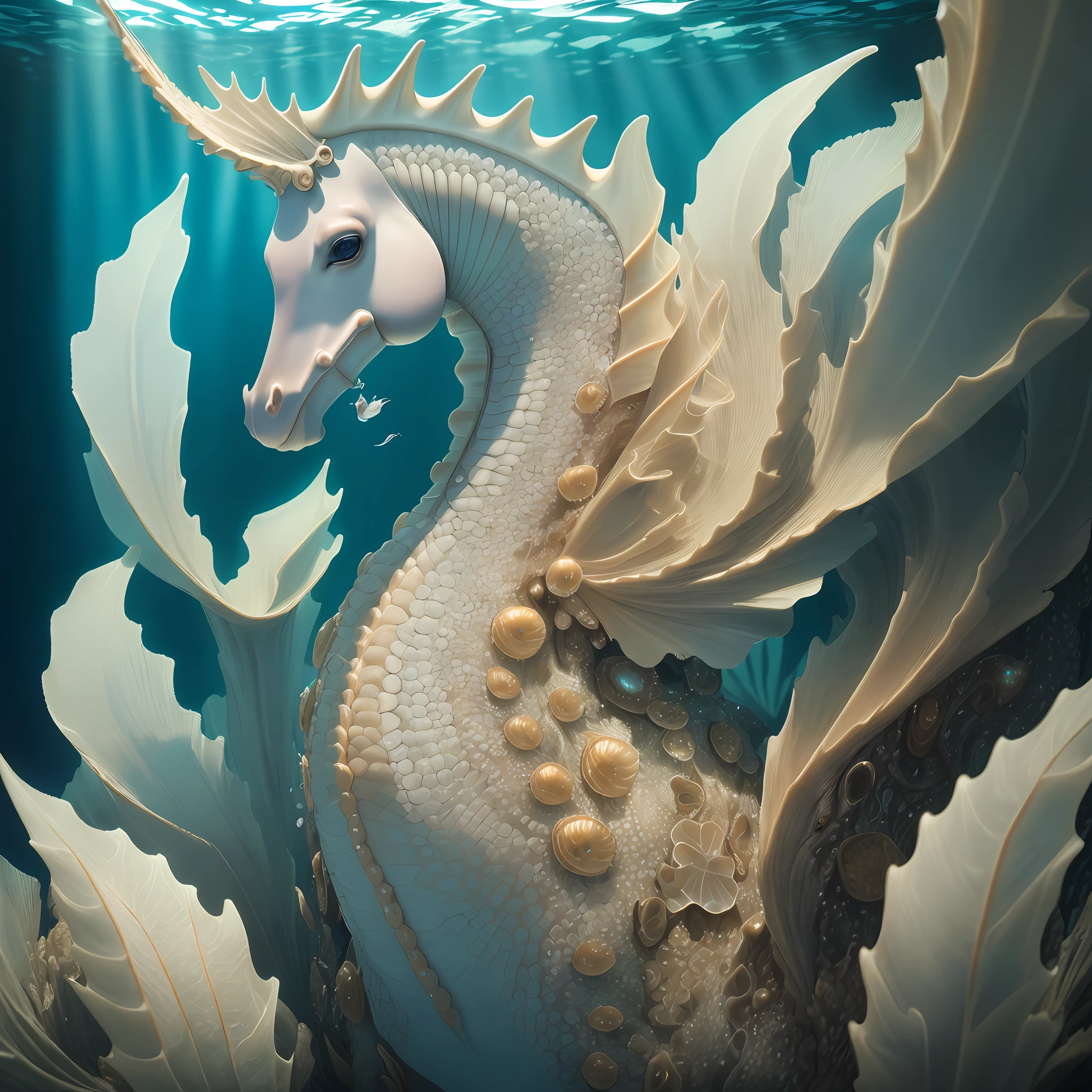 "An exquisite portrait of a "sea horse with a brood of young" showcasing intricate details and textures, with a stunning underwater backdrop, illuminated by the soft glow of the sunlight filtering through the ocean's surface."