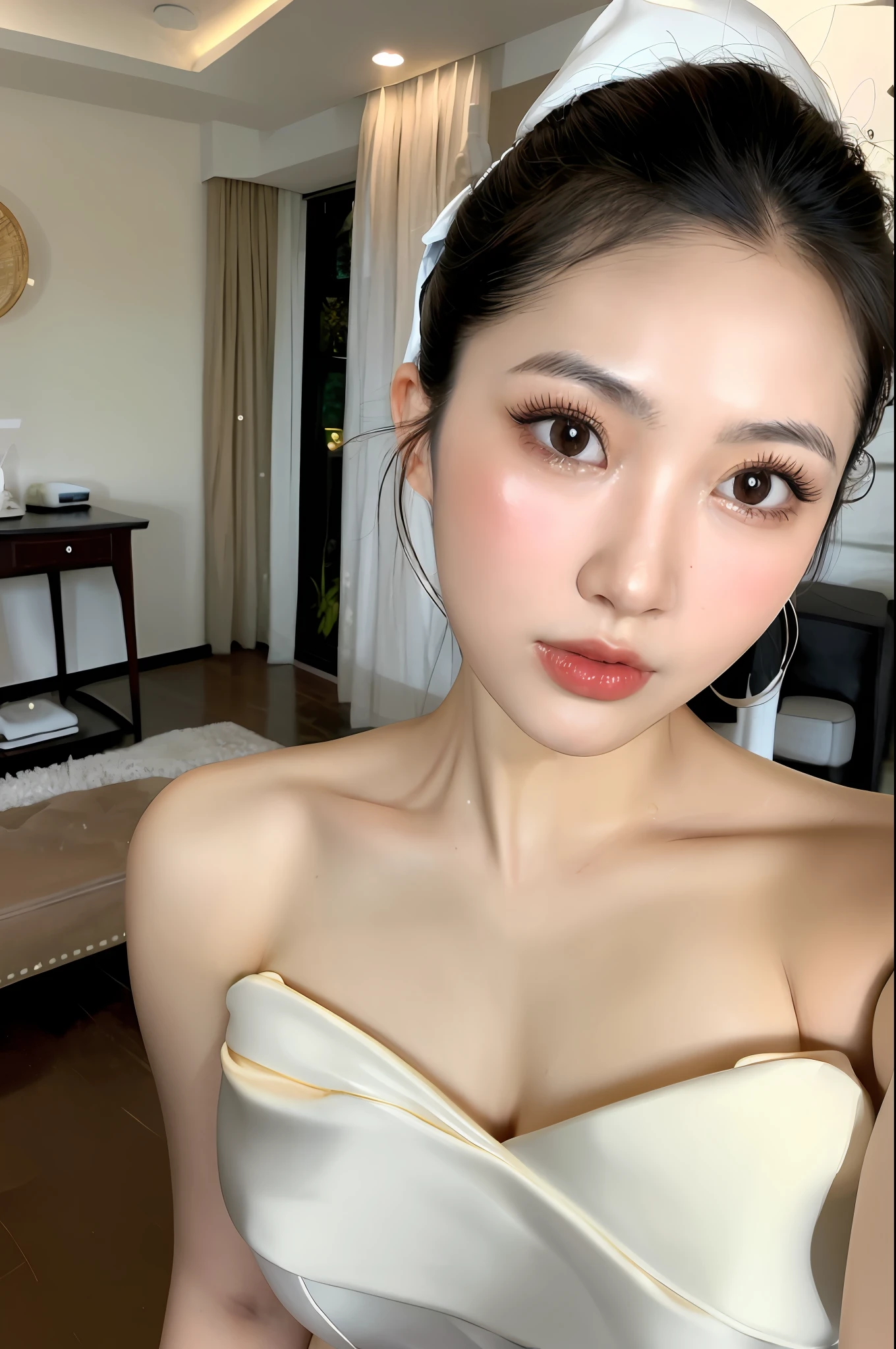 Gentle and charming Chinese beautiful woman, upper body photo, exquisite and sexy collarbone, charming oval face, double eyelids, smart peach blossom eyes, pink lips, small nose, bare shoulders, focused face, face close-up, ultra-high-definition, Super details, elegant standing posture, blue thin jacket with white top and casual cropped pants, it looks really intellectual, elegant and very fashionable