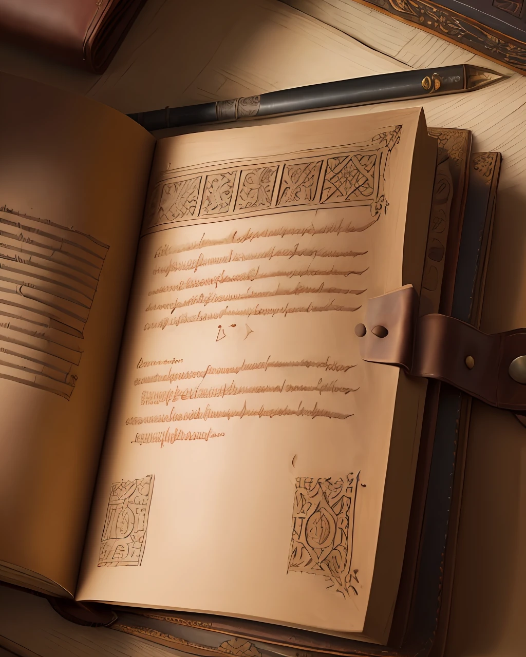 "An ancient medieval English codex lies open, its pages revealing intricate writing. The leather binding is a deep brown, adding to the overall antique aesthetic. The scene is centred, allowing for an overall view of the codex. The palette is bright and natural, showcasing the beauty of the stained pages, adding a rich depth of meaning to the artwork."