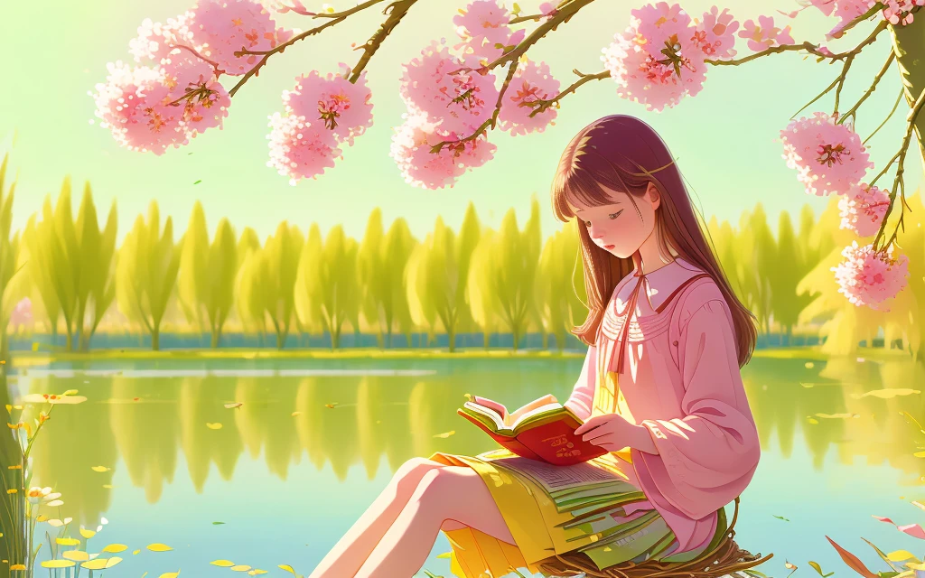 Girl reads a book under the tree, bright colors, spring, willow branches, comfort, warm sunlight