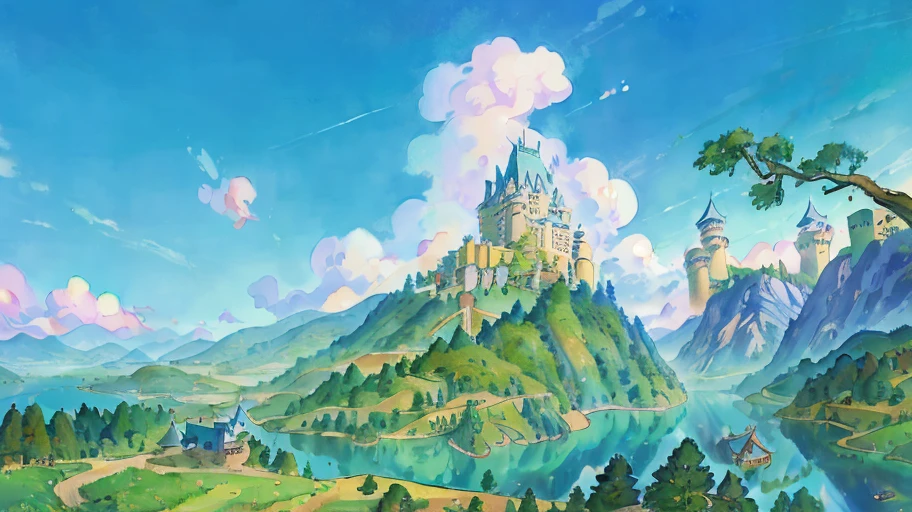 (((high quality))), highly_detailed, extremely_detailed_CG_unity_8k_wallpaper, illustration, highres, absurdres, High saturation, ghibli style, ghibli studio, ghibli artstyle, ghibli studio anime style, miyazaki's animated film, castle on a hill, towering castle, ((castle)), tower, forest, meadow, village, lake, river, sky, sky background, rock in the sky, sky island
