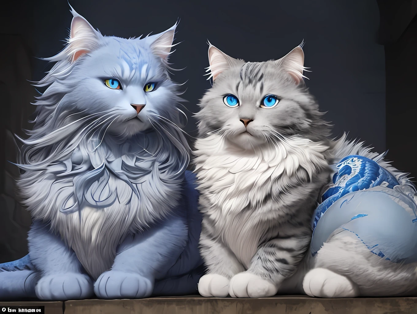 A big fat fluffy grey long-haired Scottish cat and a blue dragon with scaly skin sit snuggled up and look at each other like old friends