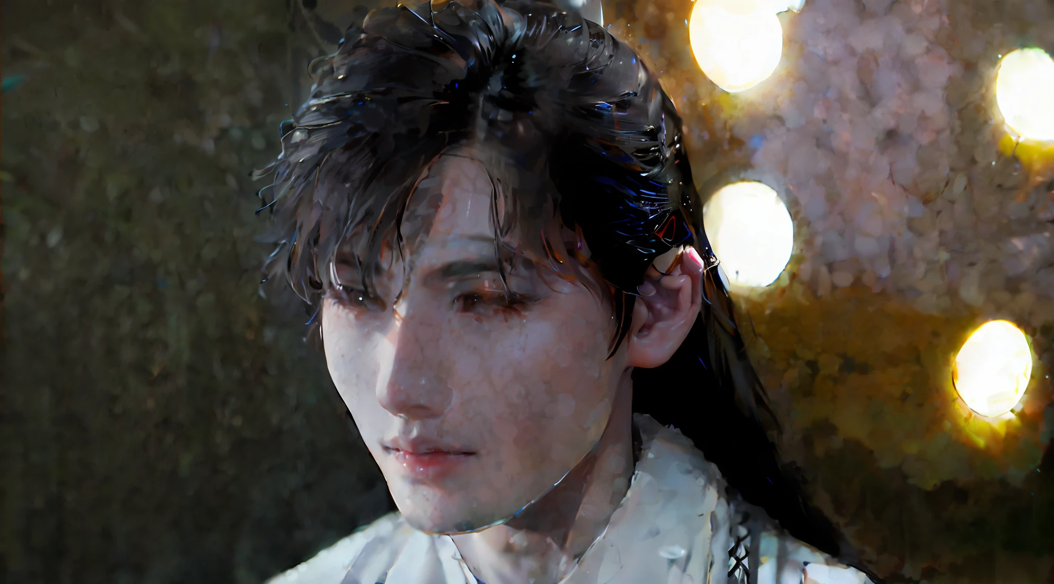 (Male: 1.1), [Monochrome: Pastel Color: 0.6] Theme, (Masterpiece), (Best Quality), (Detail), Light Layer, Glossy Skin, (Complicated Details: 1.1), Black Hair, long hair, black eyes,