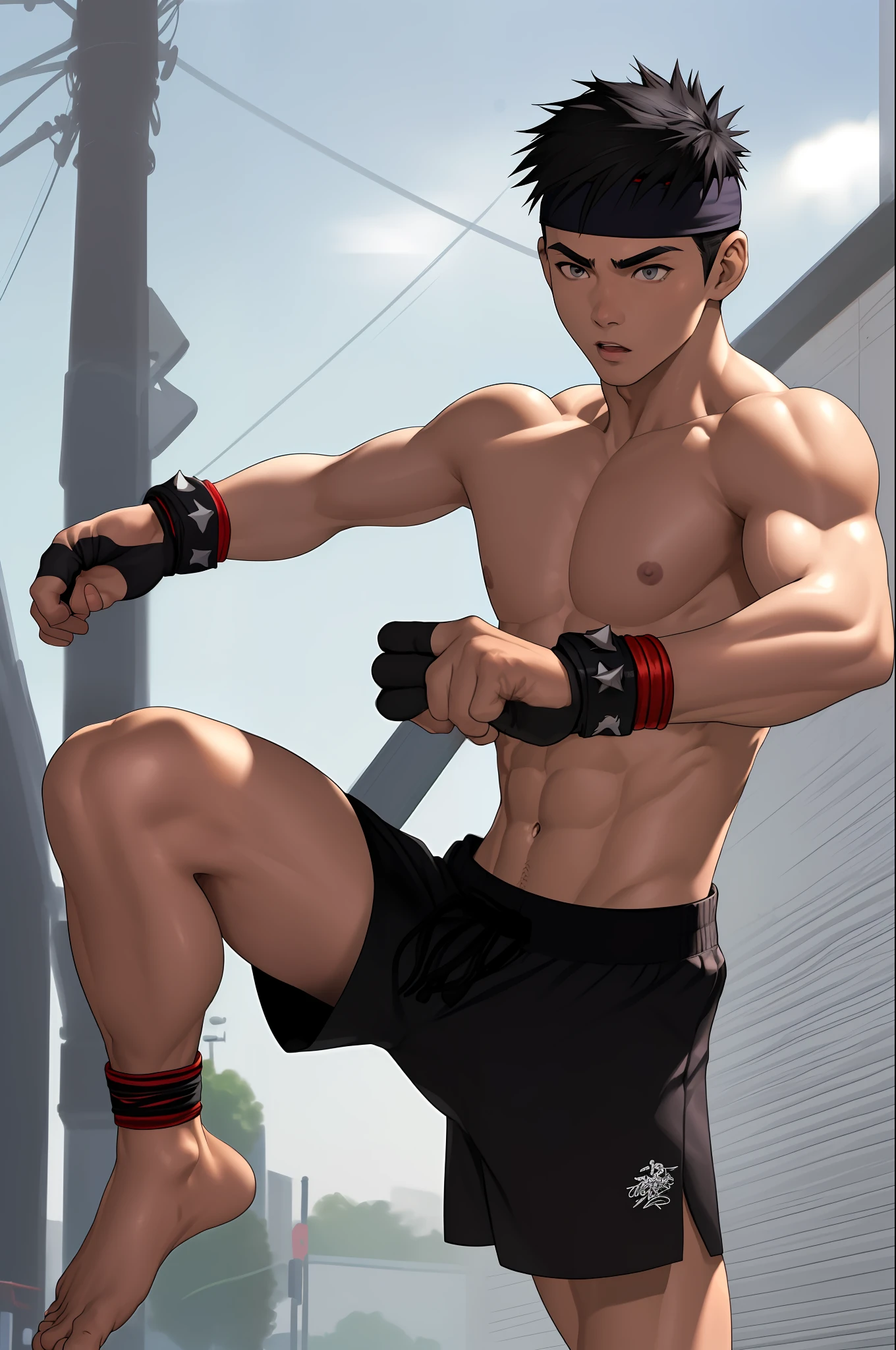 ((masterpiece)), (best quality), (detailed), (1boy), japanese muay thai kickboxer boy, spiky black hair, grey eyes, ((fair skin)), lean body, handsome, shirtless, (black boxer shorts), white muay thai headband, black fingerless gloves, on street, fighting stance, navel, barefoot, 8k, detailed, ultra-detailed, absurdress