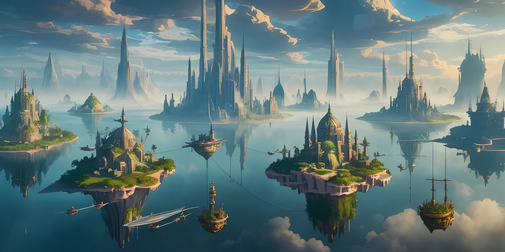 Many islands suspended in the sky, large and small flying airships, cities, fantasy, magical plants growing, misty, extreme details, realistic light, epic composition, (complex details), (ultra detail: 1.2) , Art Station, (Masterpiece, Best Quality), Ultra HD, 32k --v 6