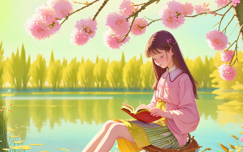 Girl reads a book by the lake, bright colors, spring, willow branches, comfort, warm sun, fixes skirt and eyelashes, eyes slightly open