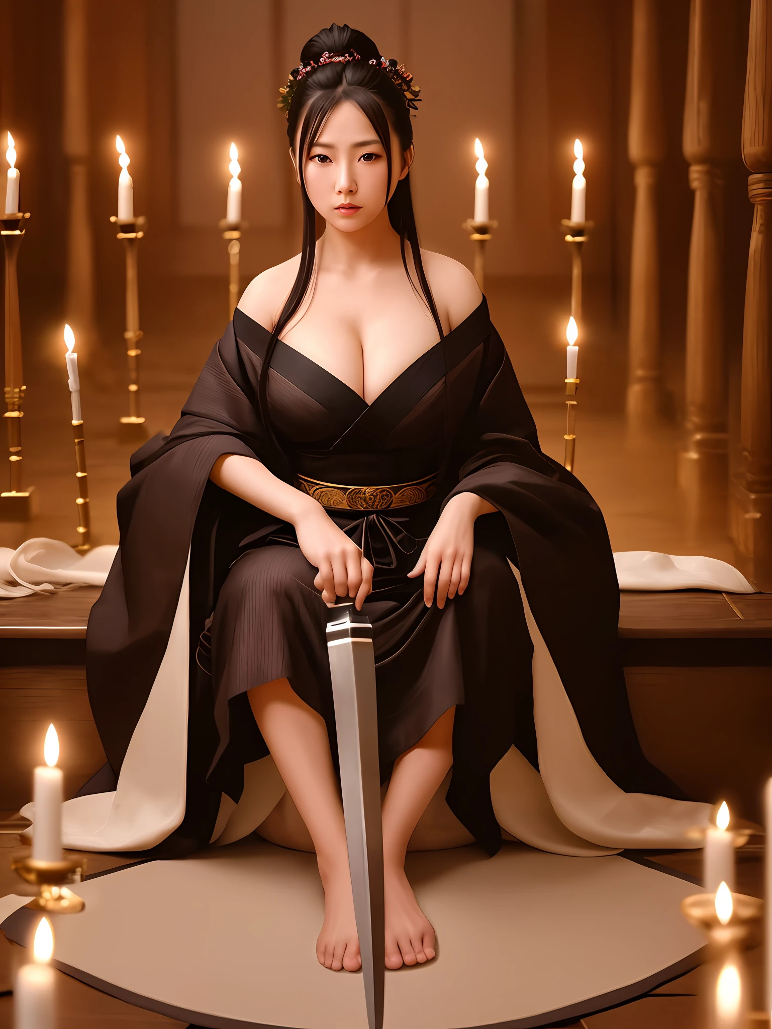 Full portrait of a Japanese female samurai warrior holding a long sword ((intricate details of sword blade)), (sitting cross-legged), (Detailed Face), (seductive eyes:1.1), (highly detailed skin:1.1), ((expression of meditation or lost in thought)), perfect slim body, (big breasts:1.3), wearing an elaborate silky textured kimono with intricate imari ware design similar to Japanese ceramics of the Edo period, simple handmade jewelry, modelshoot, Fashion Photography, rococco lighting, PHOTOREALISTIC, Realistic, (surrounded by a dark temple in candlelight), blurred background, RAW, analog, sharp focus, UHD, HDH, HDR, 8k, 16k, 32k, high resolution, DSLR, high quality, Fujifilm XT3, grain, award winning, masterpiece,