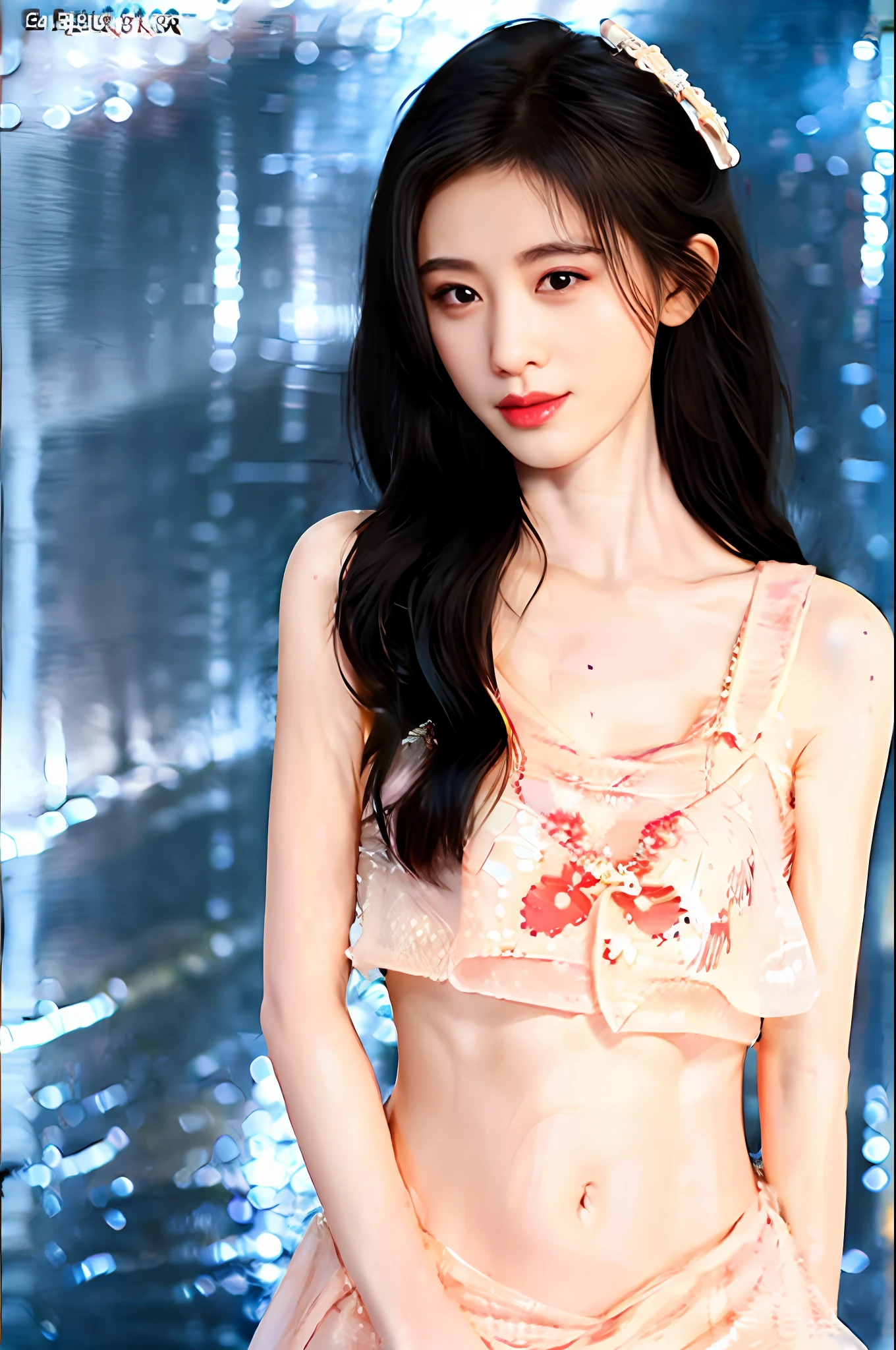 Gentle and charming Chinese beautiful woman, upper body photo, exquisite and sexy collarbone, charming oval face, double eyelids, smart peach blossom eyes, pink lips, small nose, bare shoulders, focused face, face close-up, ultra-high-definition, Super details, elegant standing posture, black polka-dot wide-leg pants with a small vest top, and a white thin coat,