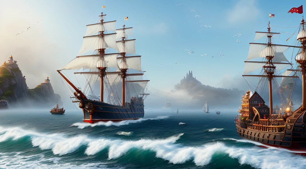 ((master piece)), best quality, (8k, best quality, masterpiece:1.2), a pirate port town, fog around, 1 ship