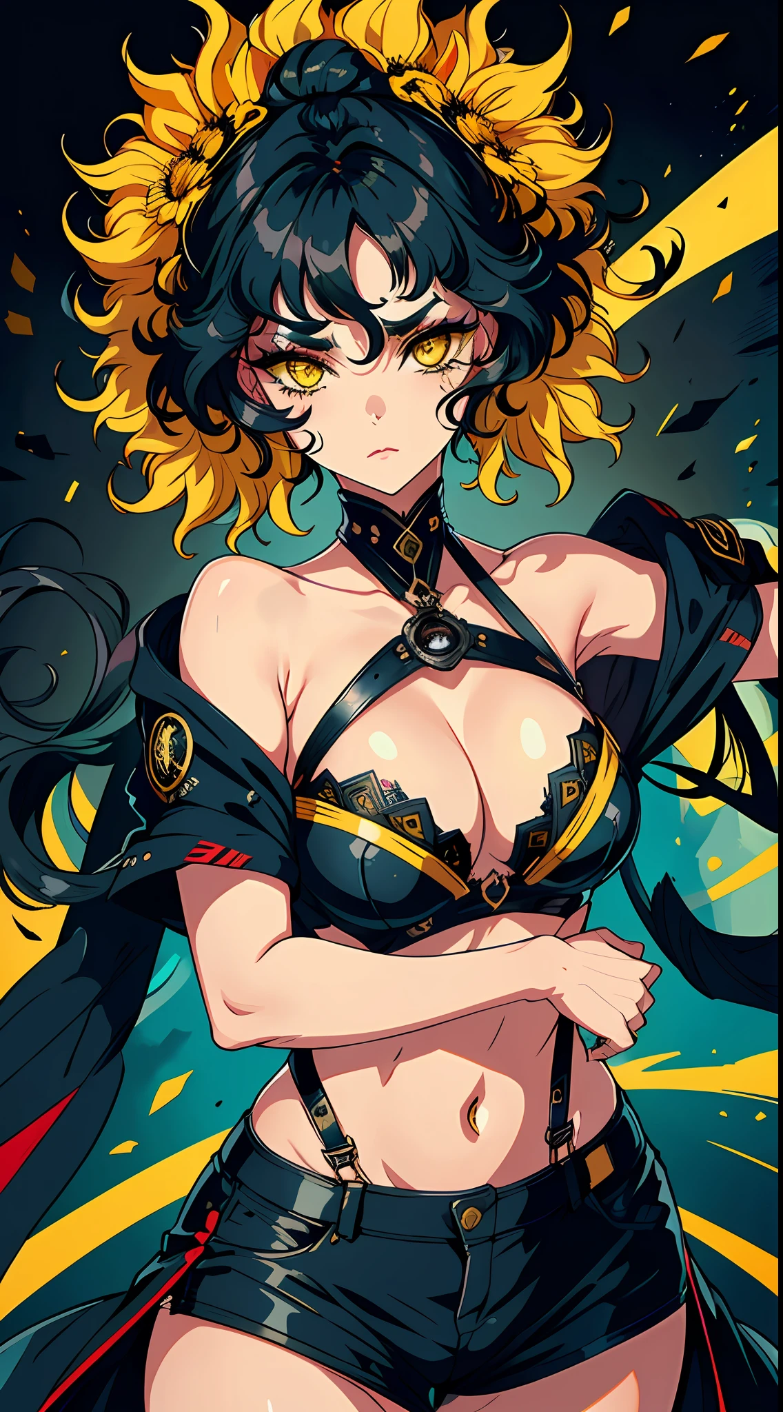 "((best quality, ultra-detailed, best possible quality, add_detail:1)), extreme beauty in tone, yellow eyes and black hair, wild and feminist, wild hair, adorable features, exaggerated makeup, close to camera. "