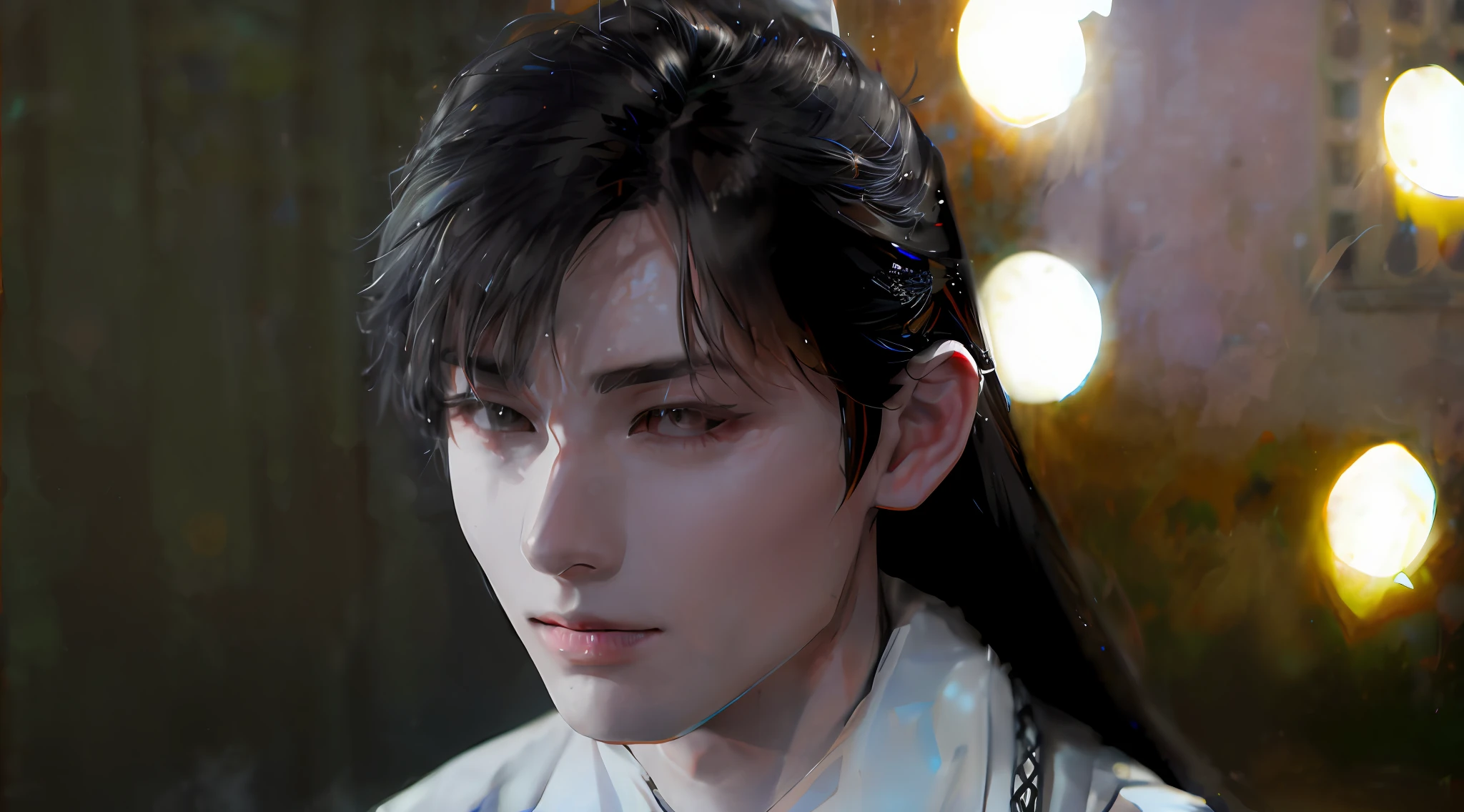(Male: 1.1), [Monochrome: Pastel Color: 0.6] Theme, (Masterpiece), (Best Quality), (Detail), Light Layer, Glossy Skin, (Complicated Details: 1.1), Black Hair, long hair, black eyes,