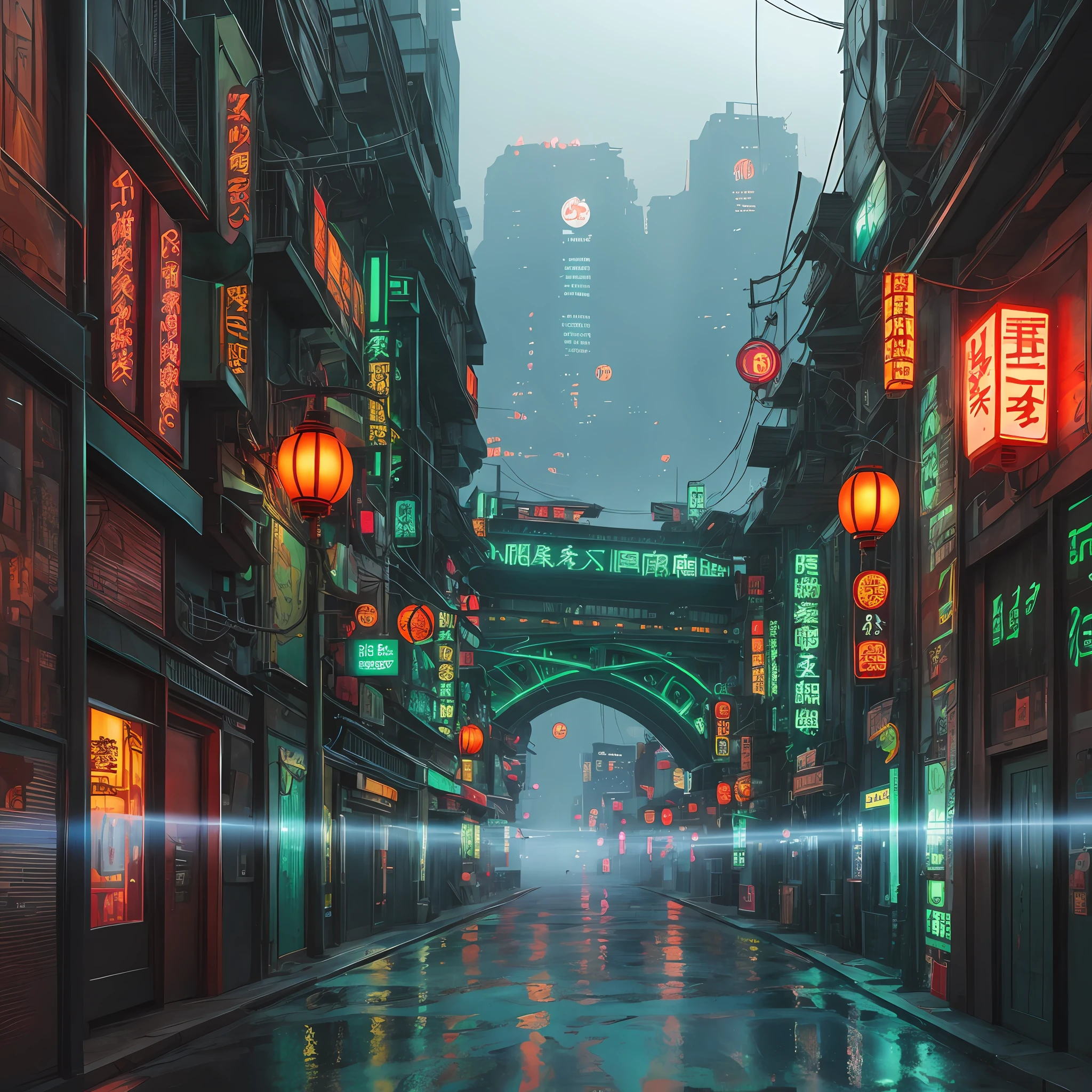Cyberpunk city from sci-fi movie, night, covered with green fog, bridge, old shop, Strange Tales from a Chinese Studio, red lanterns, ghosts roaming the streets, irregular, circuit boards, wires, intricate, super detailed, realistic, hyper Realistic, High Quality, Best, Super Detail, Crazy Detail, Very Detailed, Photorealistic, Epic Composition, Best Quality, 32k --v 6