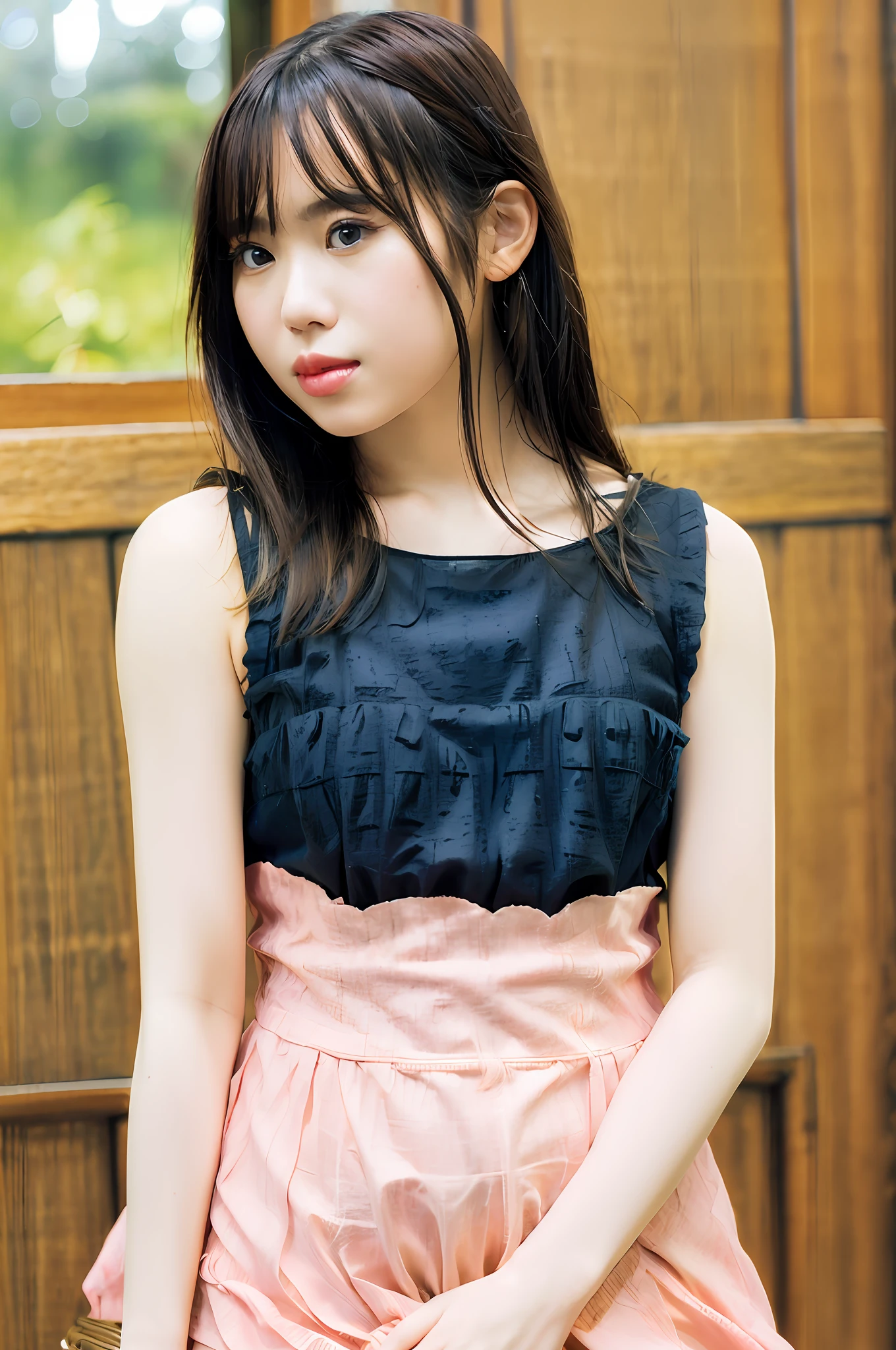Gentle and charming Chinese beautiful woman, upper body photo, exquisite and sexy collarbone, charming oval face, double eyelids, smart peach blossom eyes, pink lips, small nose, bare shoulders, focused face, face close-up, ultra-high-definition, Super details, elegant standing, cotton and linen loose mid-length thin coat is very fashionable and individual, matching with a black camisole dress is very characteristic, the right fit is not only stylish but also casual