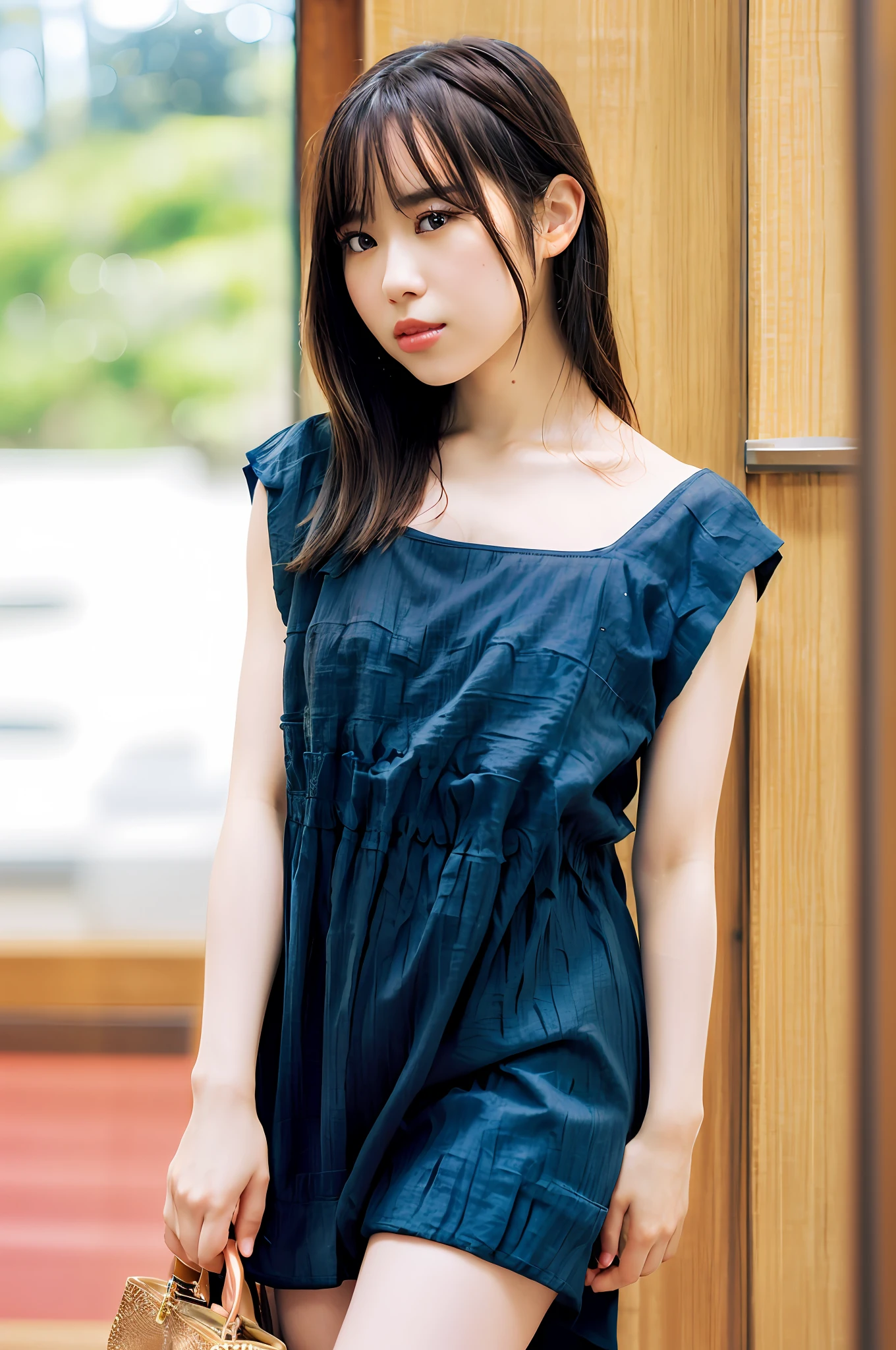 Gentle and charming Chinese beautiful woman, upper body photo, exquisite and sexy collarbone, charming oval face, double eyelids, smart peach blossom eyes, pink lips, small nose, bare shoulders, focused face, face close-up, ultra-high-definition, Super details, elegant standing, cotton and linen loose mid-length thin coat is very fashionable and individual, matching with a black camisole dress is very characteristic, the right fit is not only stylish but also casual