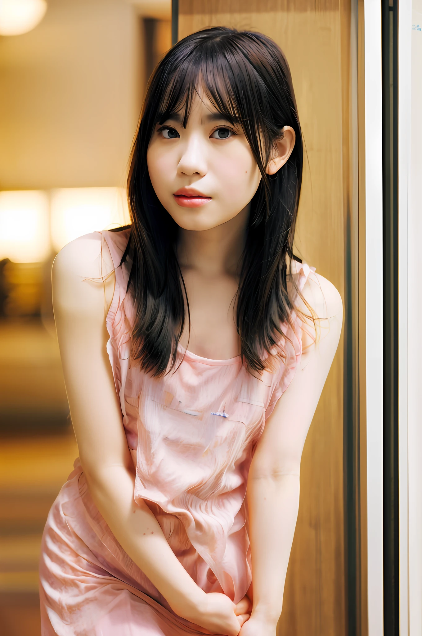 Gentle and charming Chinese beautiful woman, upper body photo, exquisite and sexy collarbone, charming oval face, double eyelids, smart peach blossom eyes, pink lips, small nose, bare shoulders, focused face, face close-up, ultra-high-definition, Super details, elegant standing, cotton and linen loose mid-length thin coat is very fashionable and individual, matching with a black camisole dress is very characteristic, the right fit is not only stylish but also casual