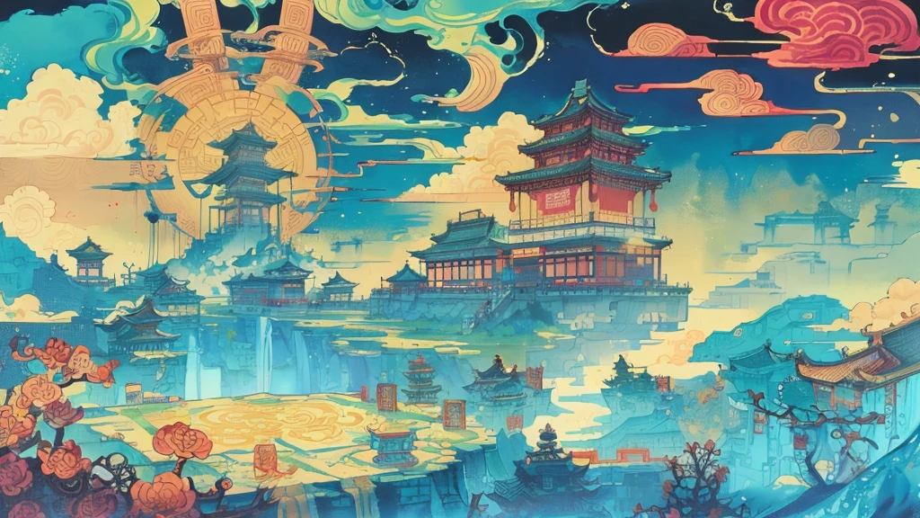Game scene, the ancient Chinese palace is located above the clouds, surrounded by clouds and fog, majestic, glazed tiles, Buddha sits on the horizon, colorful, ((color ink)),((ink splash)) ,((ink splash) ink} ) ) , masterpiece, High quality, nice graphics, high detail