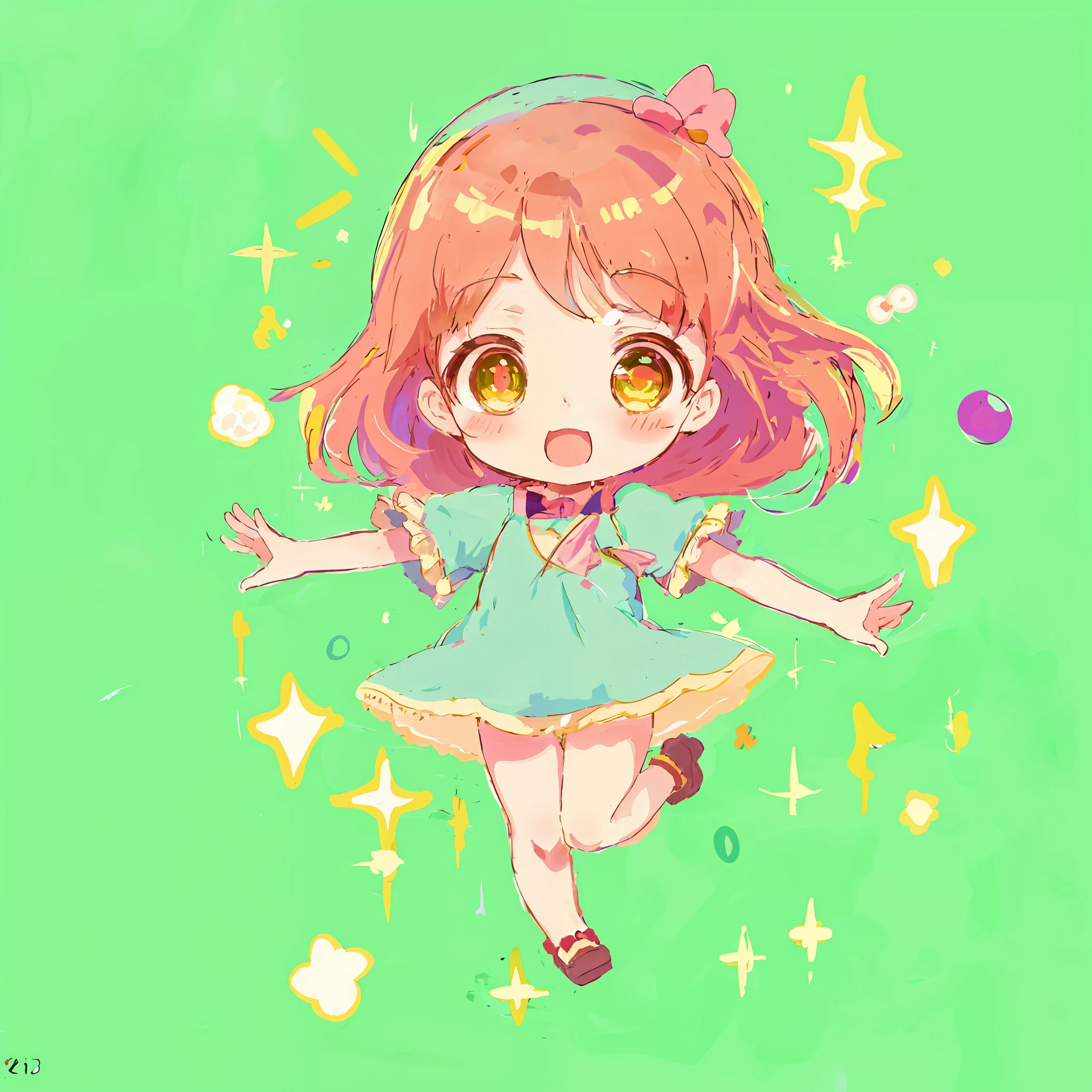 anime girl with a green dress and a pink bow in the air, cute art style, cute anime, cute kawaii girl, kawaii chibi, [ floating ]!!, cute anime style, chibi girl, cute anime girl, anime moe artstyle, anime chibi, cute artwork, chibi anime girl, cute:2, anime!!!!!!!!!!!!!!!, (anime girl)