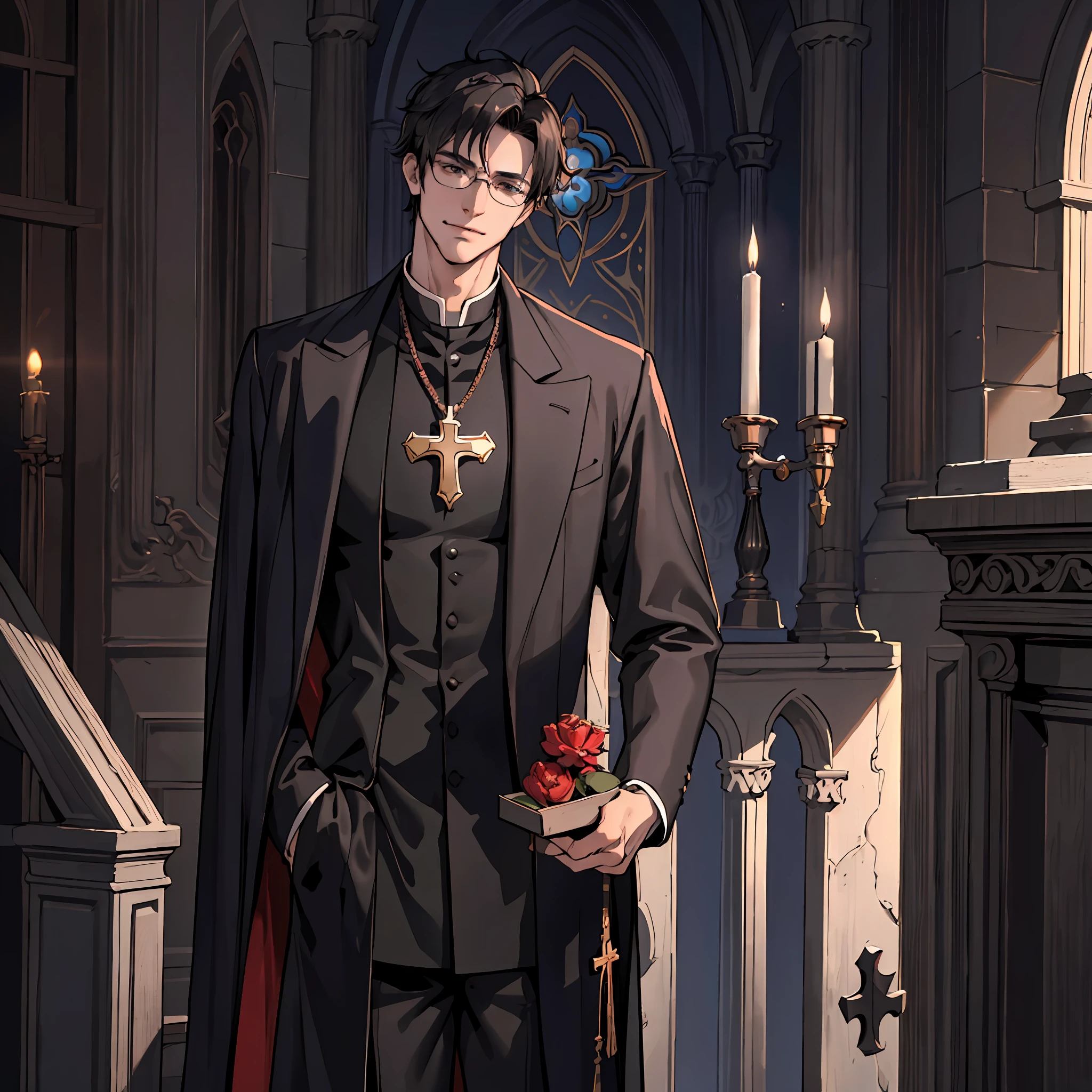 (masterpiece:1.2, best_quality, intricate_details, high_resolution, hyper detailed, highly_detailed), 1 male, mature, aged up:1.4, tall muscular guy, broad shoulders, finely detailed eyes and detailed face, extremely detailed, handsome, male, big pectorals, serious expression, eerie atmosphere, dark lighting, shadows, professor, religion professor, cathedral, priest, cross necklace, priest_uniform, tight_shirt around pectorals, church, glasses, devious, black pants, half shot, detailed background, extremely detailed CG unity 8k wallpaper, black hair with grey tips, brown eyes, religious, sublime, holy, priest_cassock, smirking