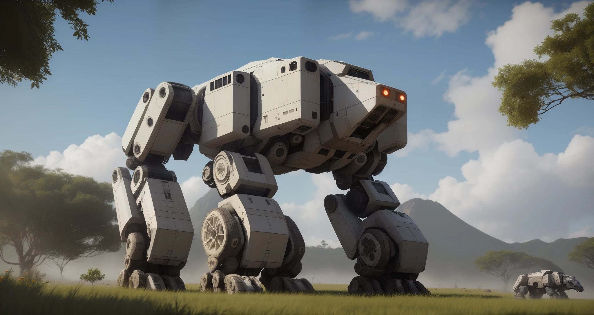 A giant black and white robot on the grass, mech animal, manatee shaped mecha, industrial machine robot dog, robot dog, cyborg dog, robot lion, giant quadruped mining robot, robot cat, robot dog, mecha, Humanoid, Mechhound, Mongrel, Good Boy Giant Mechhound, many details, sci-fi movie style, photography, natural textures, natural light, natural blur, photorealism, cinematic rendering, ray tracing, highest quality, highest detail , Film, Blur effect, Long exposure, 8K, Ultra hd, Natural light, Moody lighting, Film lighting hyper realistic, Vibrant, 8k, Detailed, Ultra detail, --v 6