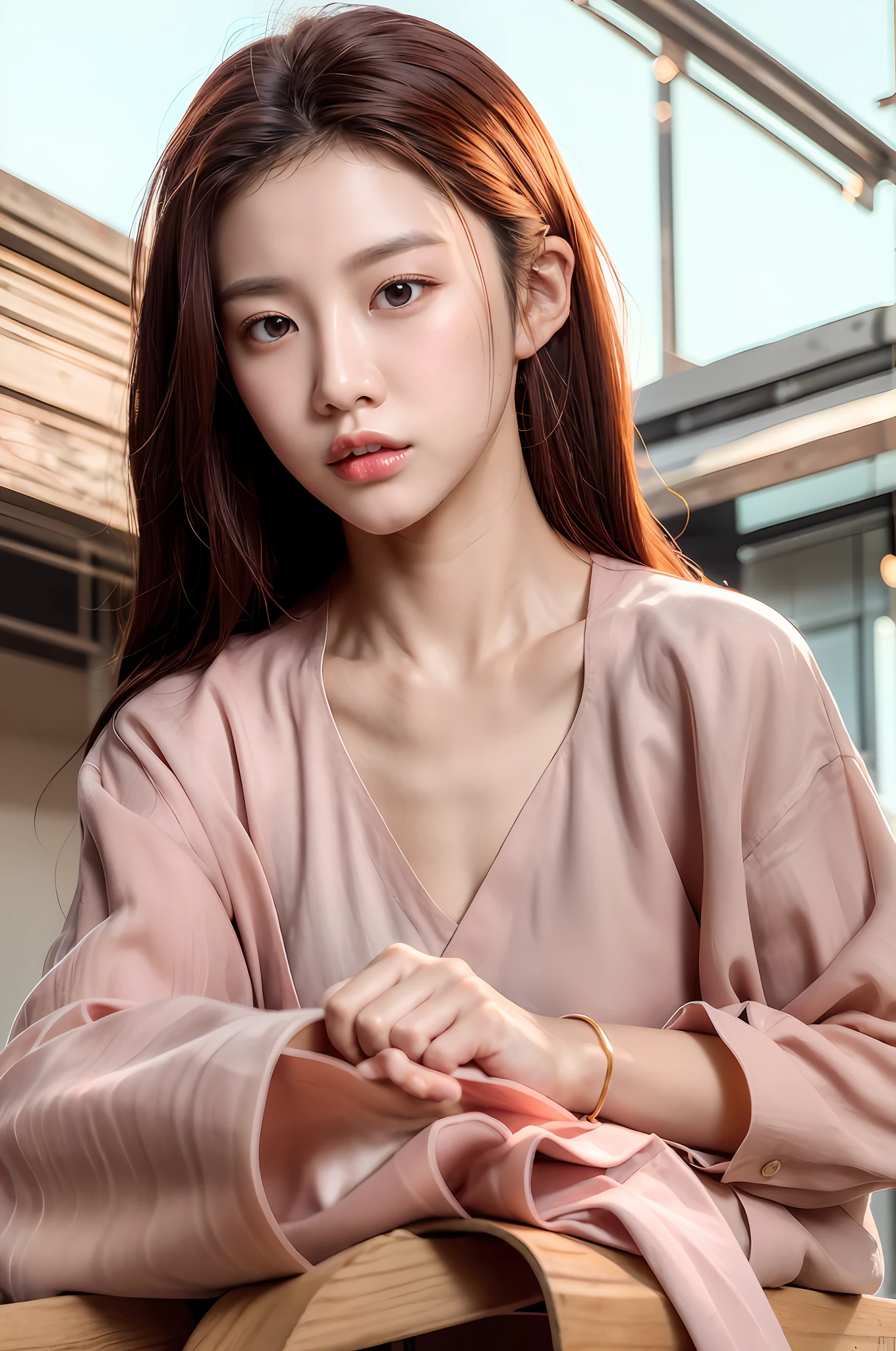 Gentle and charming Chinese beautiful woman, upper body photo, exquisite and sexy collarbone, charming oval face, double eyelids, smart peach blossom eyes, pink lips, small nose, bare shoulders, focused face, face close-up, ultra-high-definition, Super details, elegant stance, Korean style trendy badge denim jacket women&#39;s long-sleeved cropped jacket top, short style looks very neat, very slim