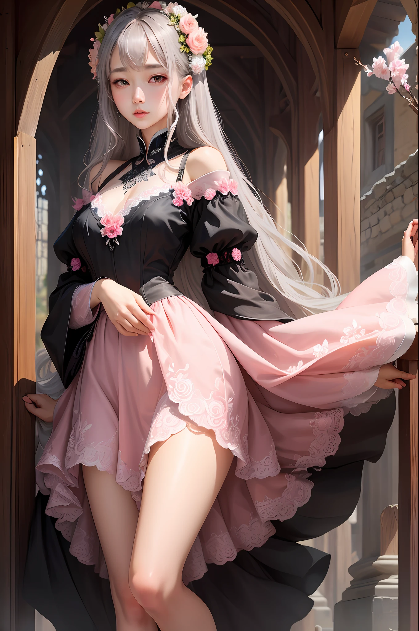 Masterpiece, digital drawing girl like the one in Korean novels, gray hair, black eyes, pink and thin lips, delicate features, a beautiful dress from the middle ages like those drawn in manhwas, flowers around her