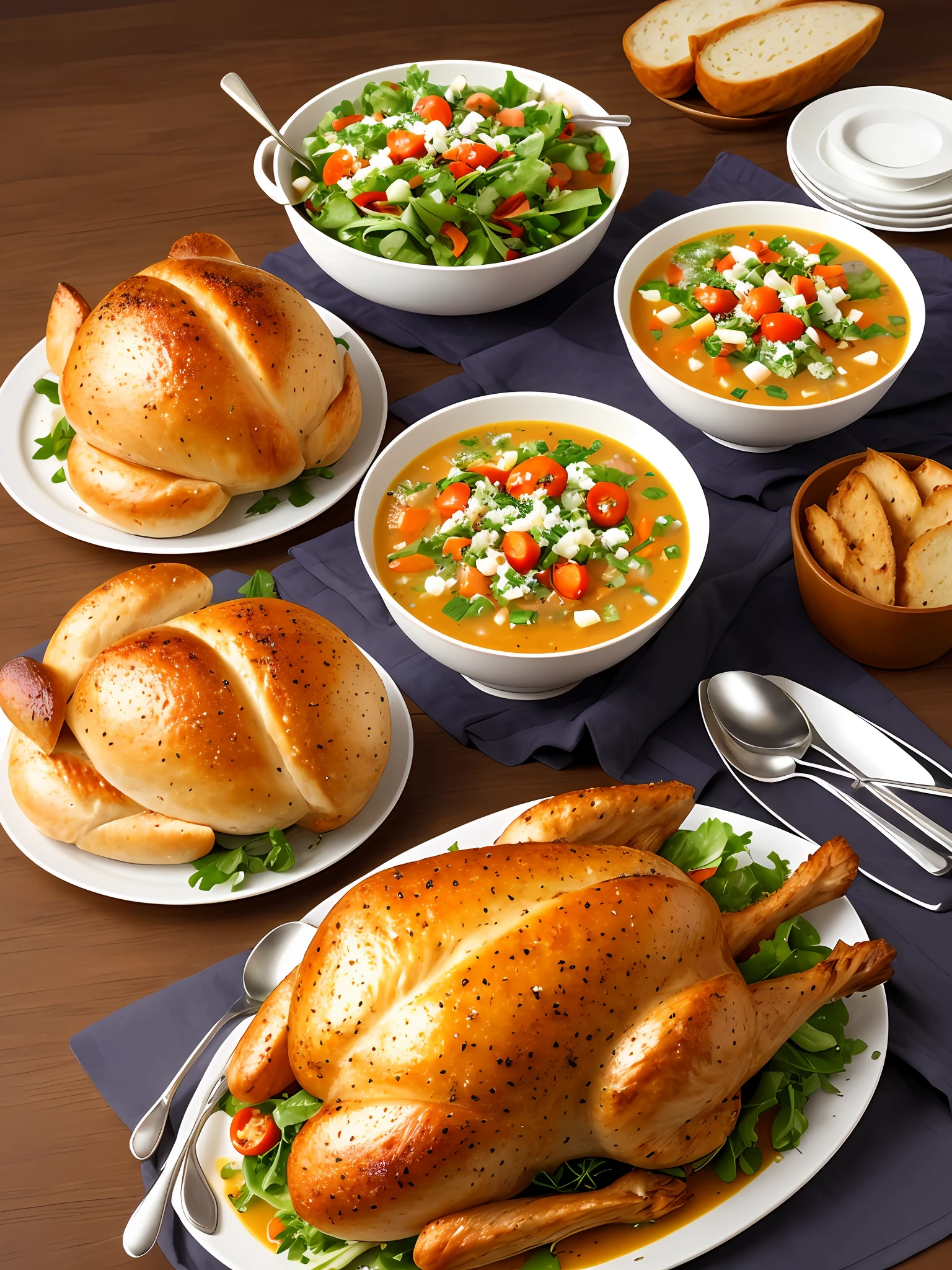masterpiece, best quality, highres, photorealistic, realistic, high detail, shot on canon 5g, bokeh, 250mm, ultrasharp, insane level of details, hdr, bokeh, 8k uhd, dslr, soft lighting, high quality, film grain, daylight, golden hour, perfectly carved roasted turkey on a large plate with baked bread, soup, and some fresh salad on a table
