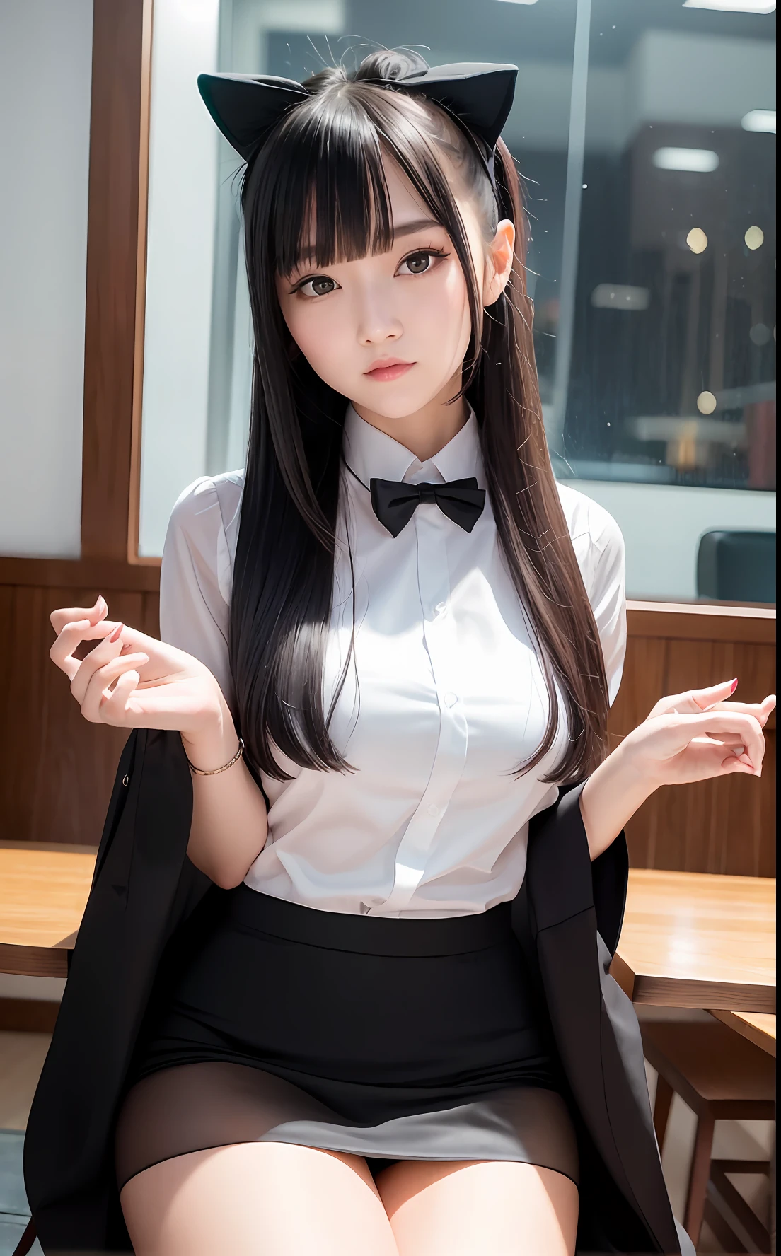 ((Li Yitong)), 8K, best quality, masterpiece, 1.2 times weighted), 1 cute, independent, beautiful girl, super detail, sky and cafe detail, night date, sitting (red nose), big breasts , sweet smile (smile 1.15), deep color contact lenses, (1.1 times weighted collar shirt), short black dress, black silk stockings, professional dress, long flowing hair, NovaFrog style, half naked, cat, rain.
