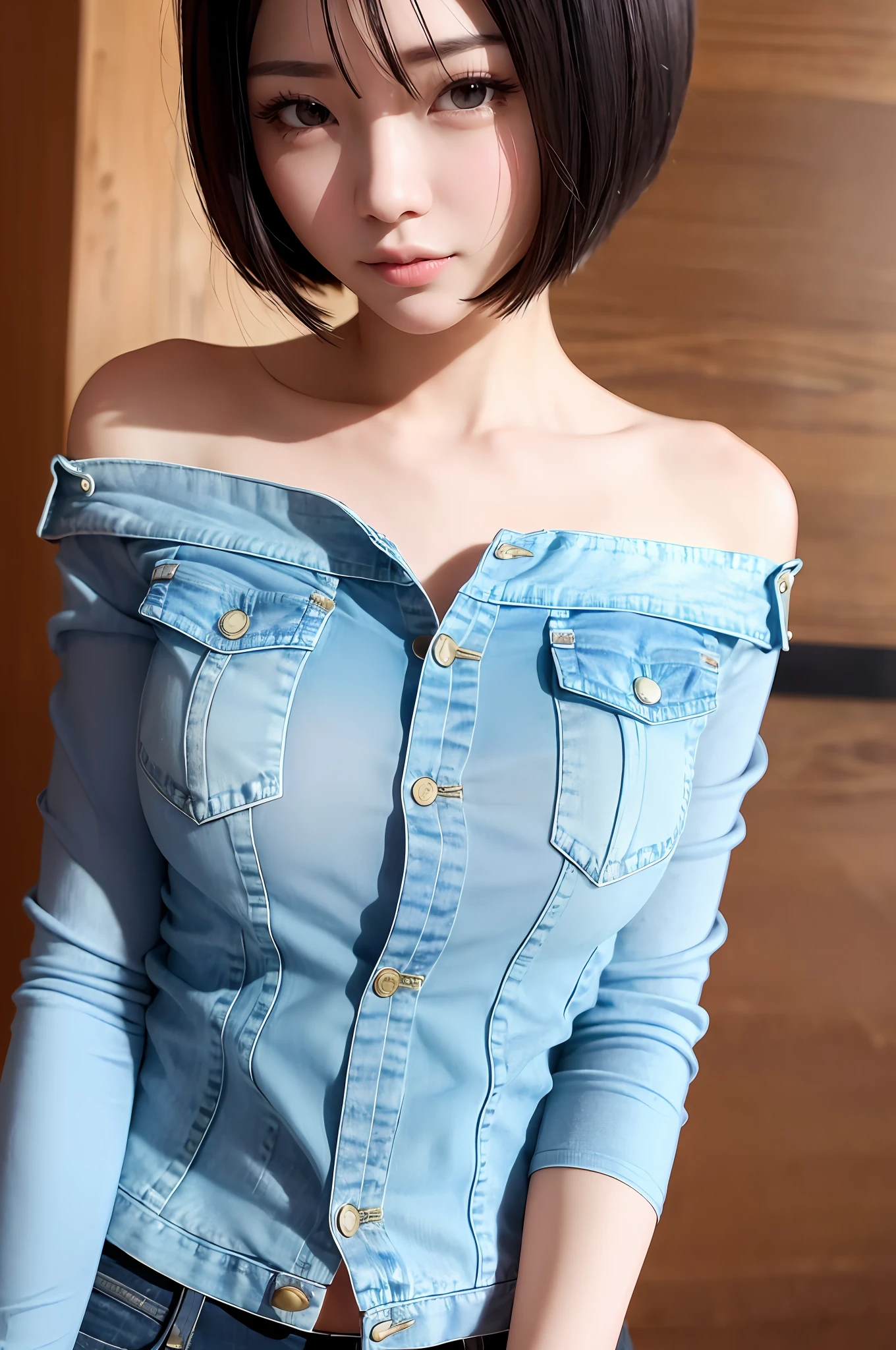 Gentle and charming Chinese beautiful woman, upper body photo, exquisite and sexy collarbone, charming oval face, double eyelids, smart peach blossom eyes, pink lips, small nose, bare shoulders, focused face, face close-up, ultra-high-definition, Super details, elegant stance, Korean style trendy badge denim jacket women's long-sleeved cropped jacket top, short style looks very neat, very slim