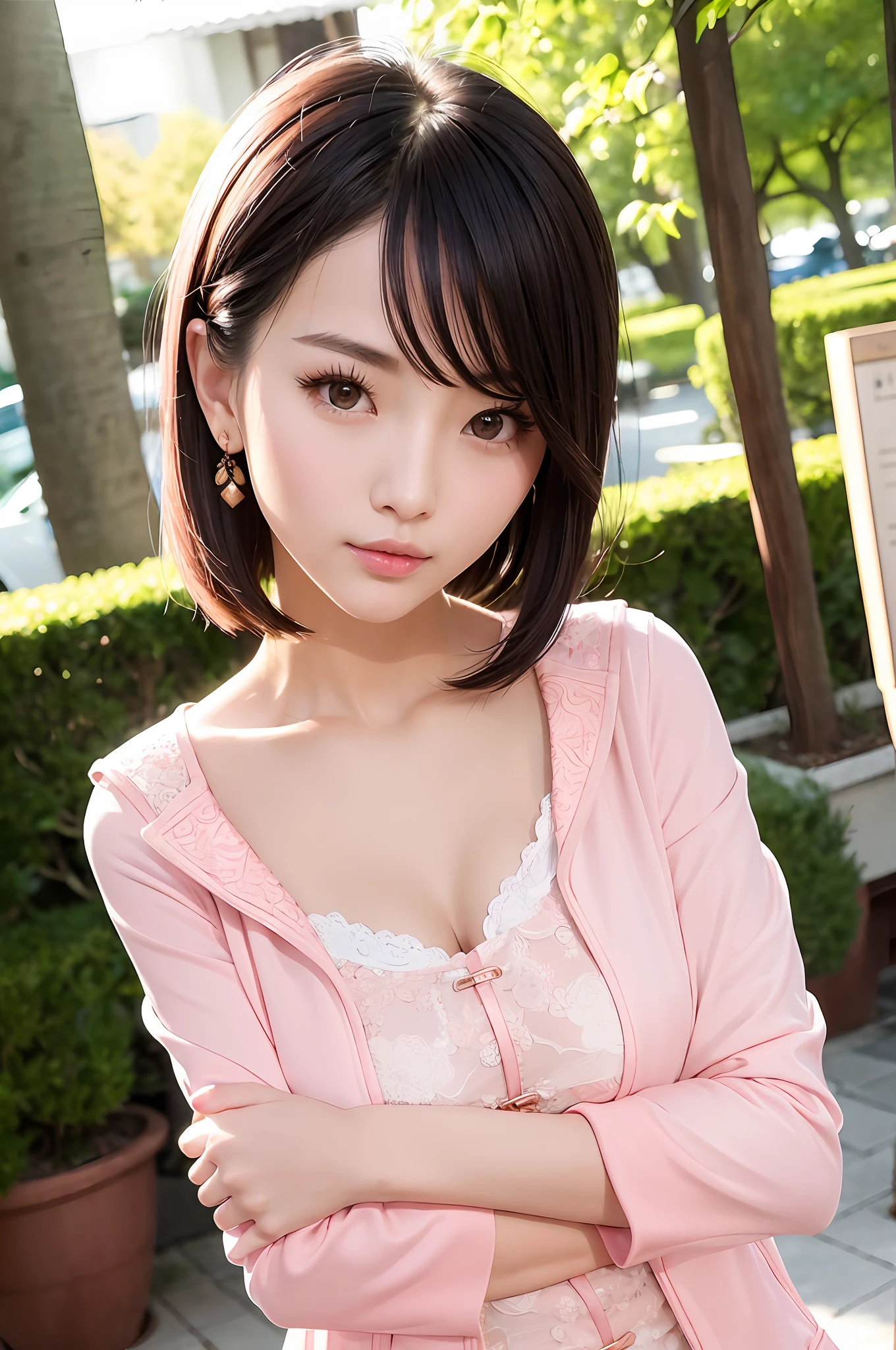 Gentle and charming Chinese beautiful woman, upper body photo, exquisite and sexy collarbone, charming oval face, double eyelids, smart peach blossom eyes, pink lips, small nose, bare shoulders, focused face, face close-up, ultra-high-definition, Super details, elegant stance, Korean style trendy badge denim jacket women's long-sleeved cropped jacket top, short style looks very neat, very slim