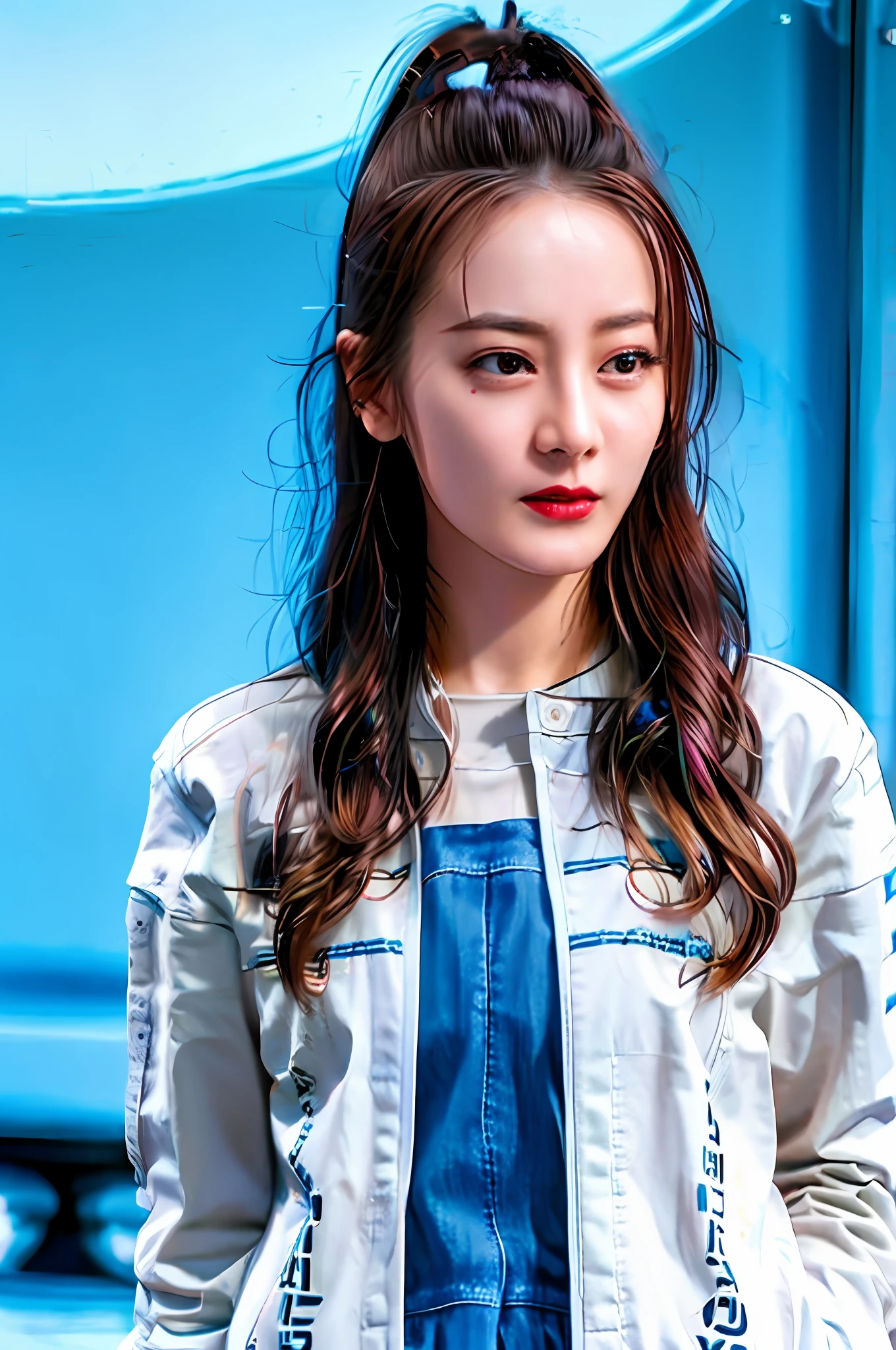 Gentle and charming Chinese beautiful woman, upper body photo, exquisite and sexy collarbone, charming oval face, double eyelids, smart peach blossom eyes, pink lips, small nose, bare shoulders, focused face, face close-up, ultra-high-definition, Super details, elegant stance, Korean style trendy badge denim jacket women&#39;s long-sleeved cropped jacket top, short style looks very neat, very slim