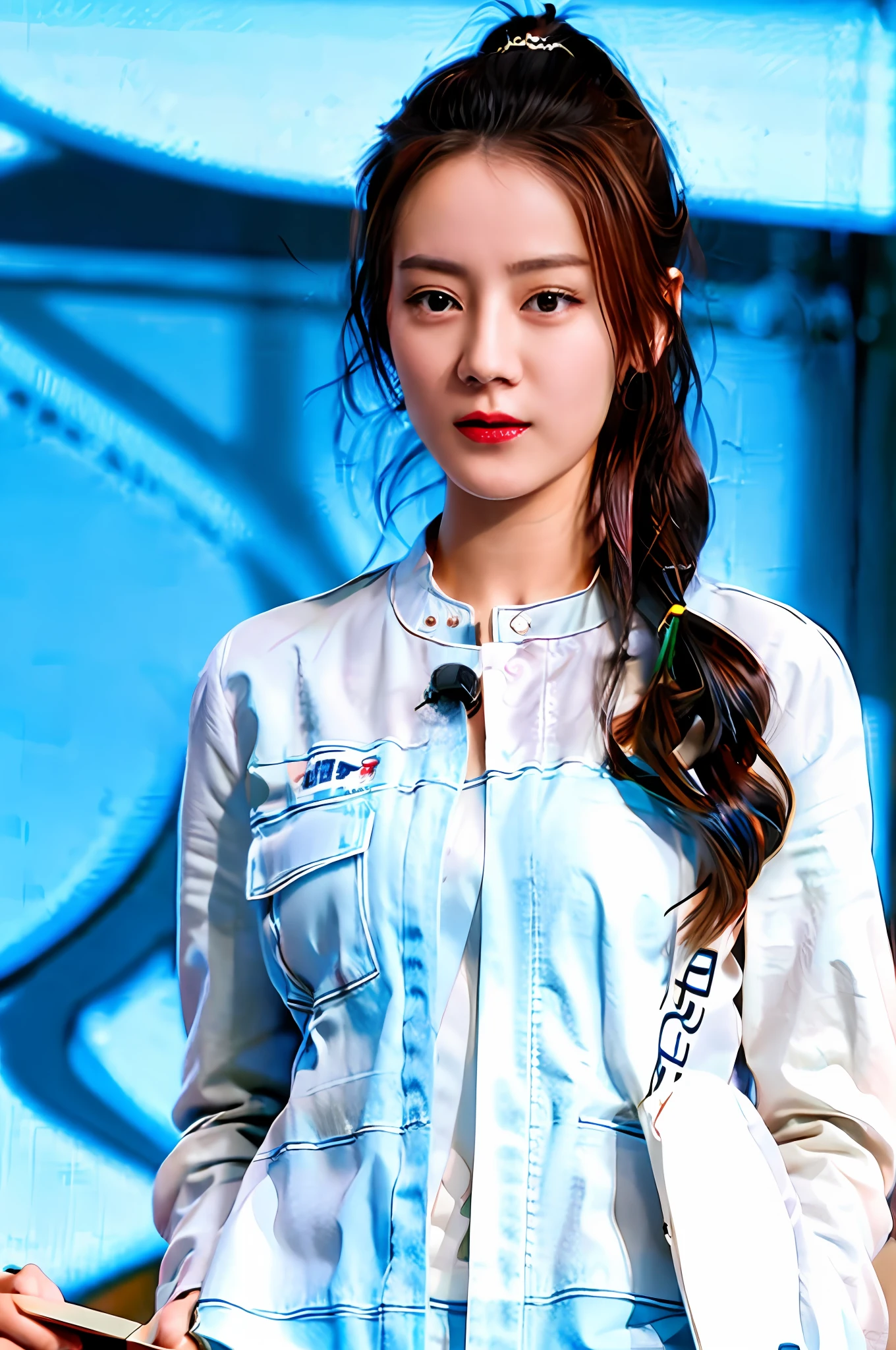 Gentle and charming Chinese beautiful woman, upper body photo, exquisite and sexy collarbone, charming oval face, double eyelids, smart peach blossom eyes, pink lips, small nose, bare shoulders, focused face, face close-up, ultra-high-definition, Super details, elegant stance, Korean style trendy badge denim jacket women's long-sleeved cropped jacket top, short style looks very neat, very slim