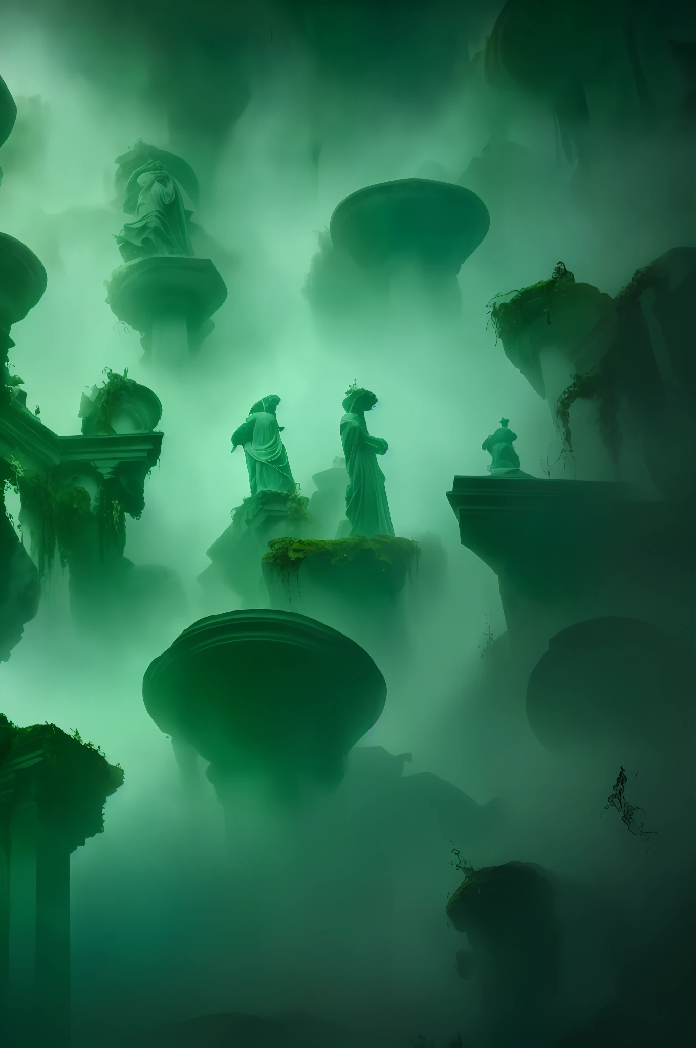(marble statues, underwater ruins, covered in moss, magnificent, beautiful, mysterious),(tinted in green, large-scale framing, high saturation),submerged ambiance, depth of field, dreamlike, painterly aesthetic