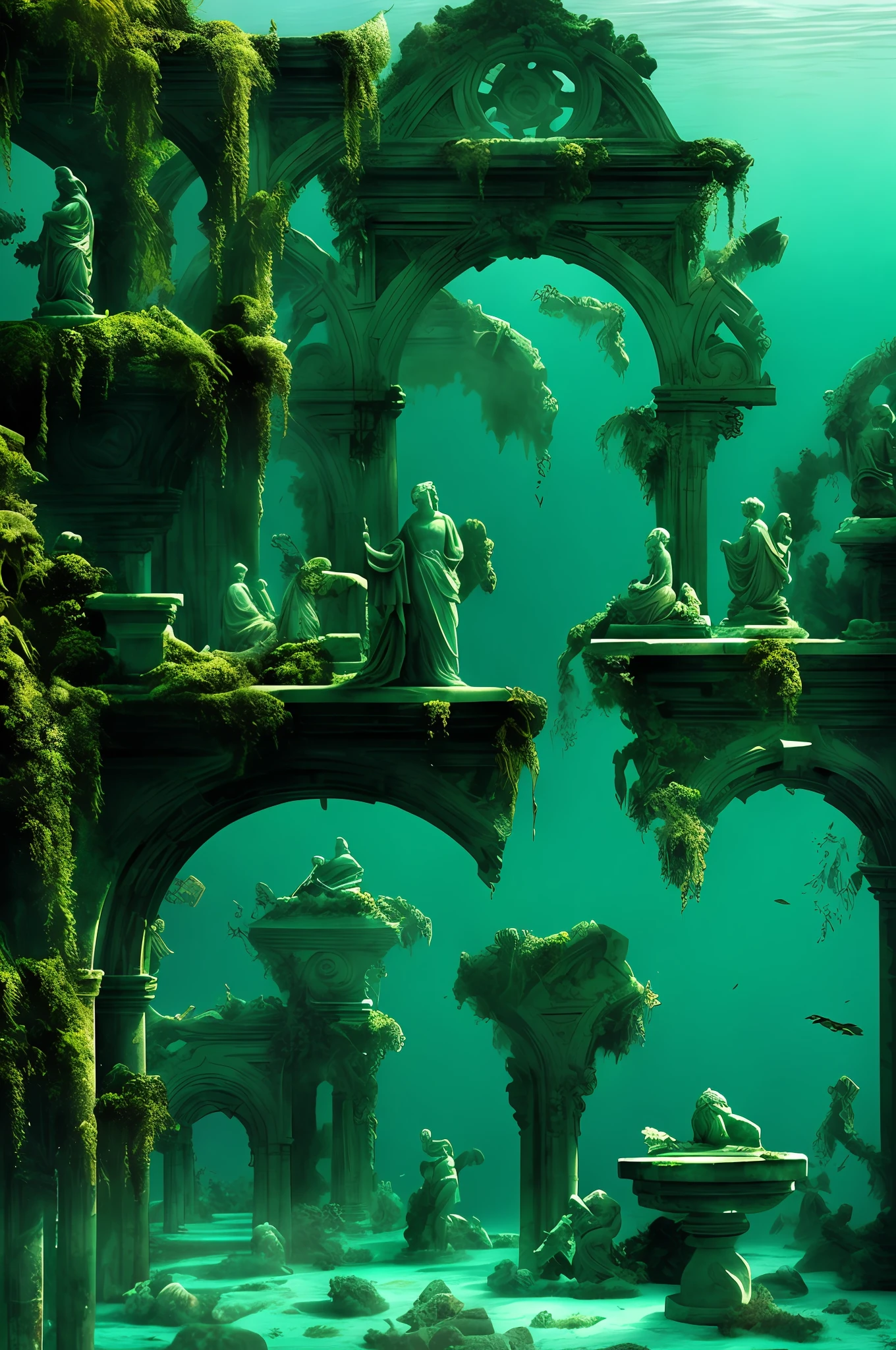 (marble statues, underwater ruins, covered in moss, magnificent, beautiful, mysterious),(tinted in green, large-scale framing, high saturation),submerged ambiance, depth of field, dreamlike, painterly aesthetic