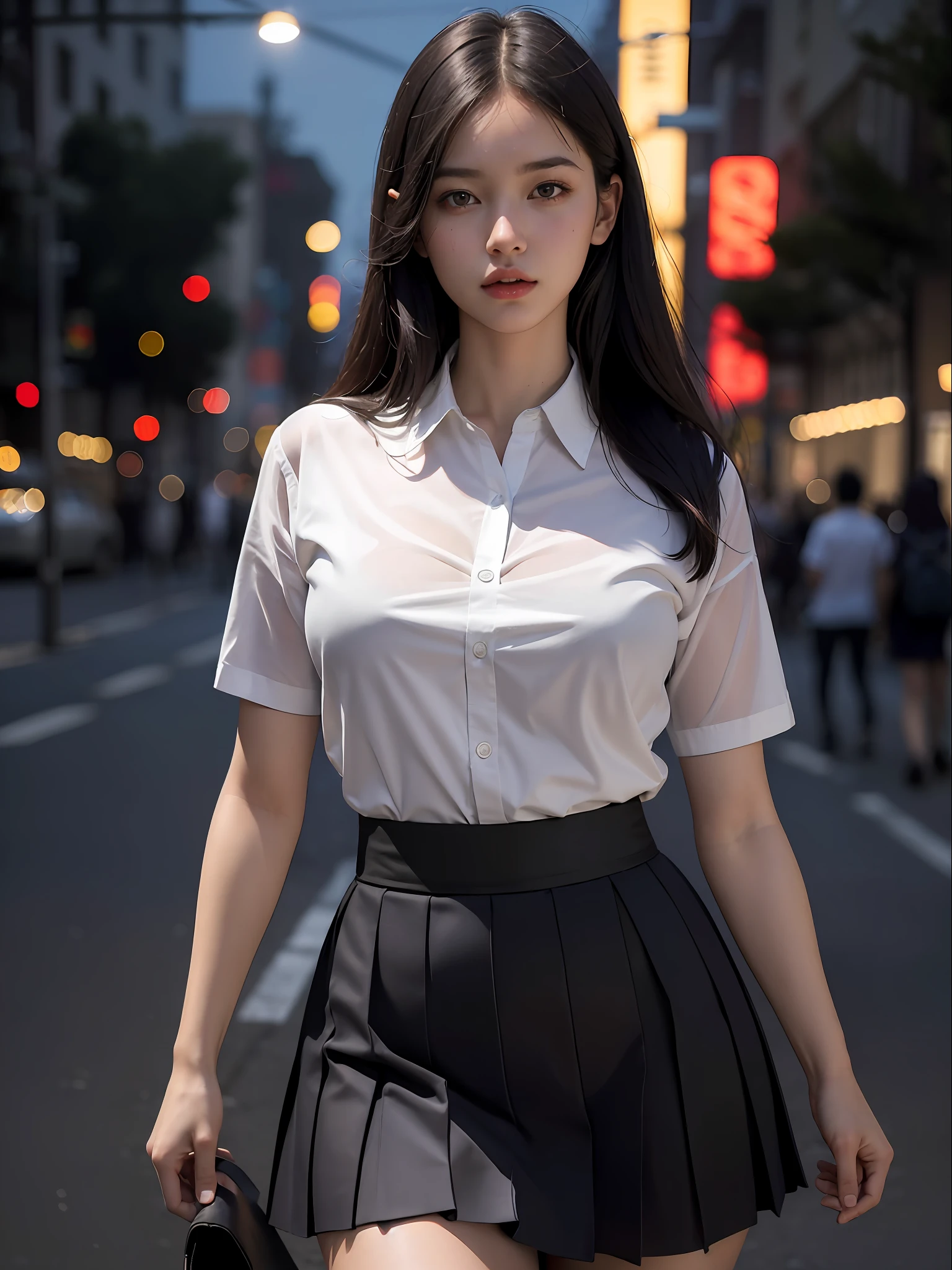 Best quality, masterpiece, ultra high res, (photorealistic:1.4), raw photo, (perfect body shape), dynamic pose, 1girl, waist up, solo, school uniform, in the dark, night, on the street, deep shadow, low key, cold light 12000K