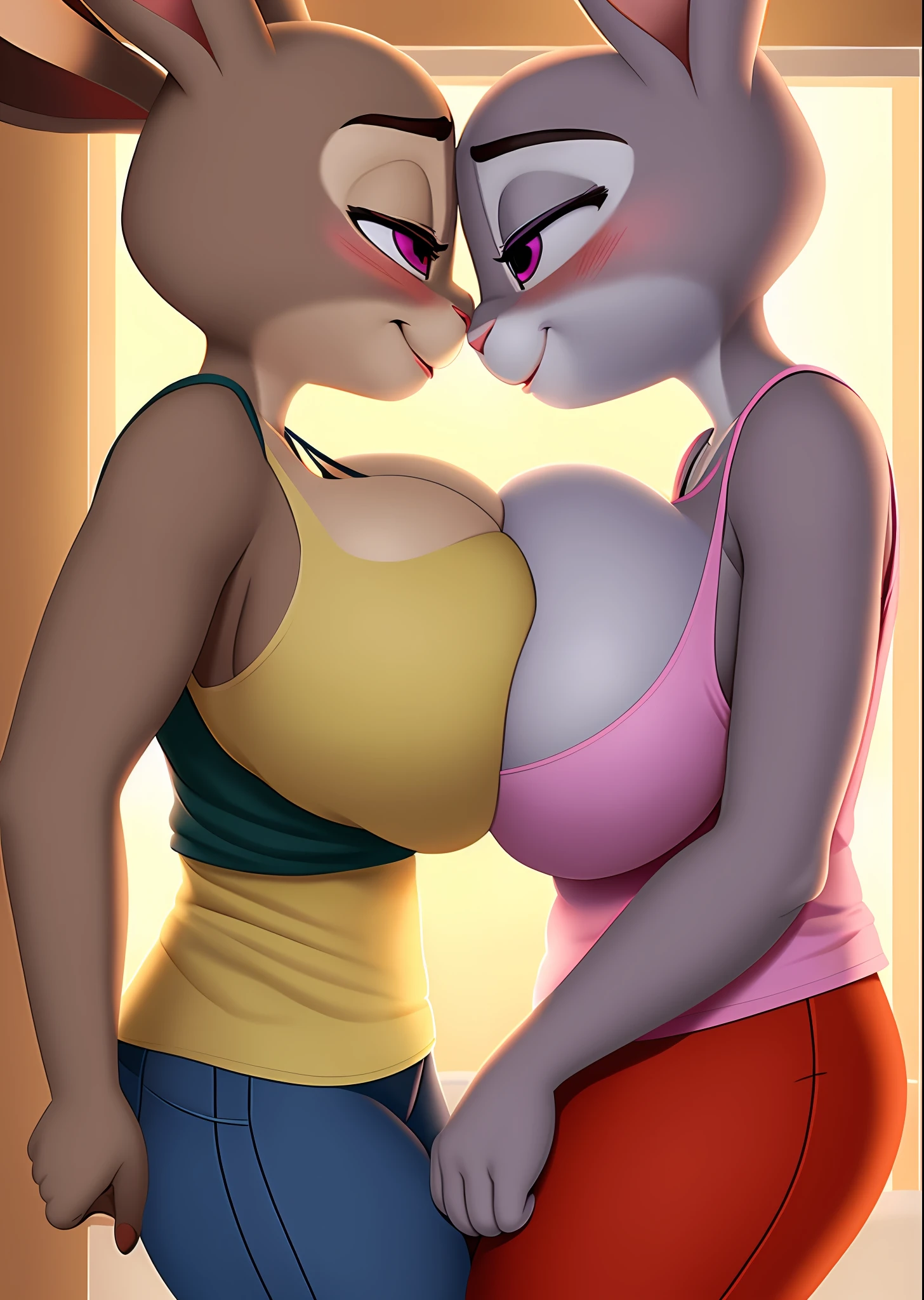 uploaded on e621, nsfw, 2girls, duo, judy hopps, in bed, breasts touching, breasts squished, blushing, looking at each other, side profile, side view, big breasts, tank top, shirt, pants, turned on huge breasts, touching breasts, hand on breast