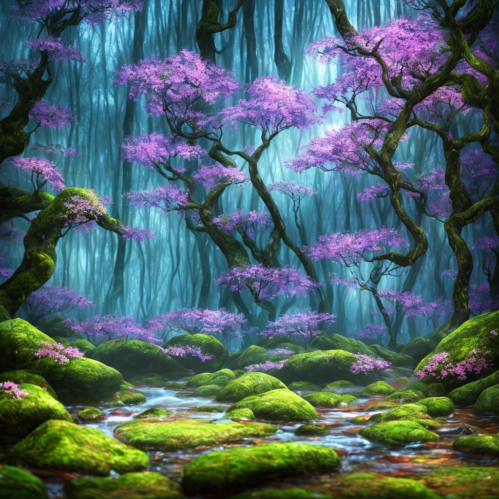 "A masterpiece 8K wallpaper with beautiful and vibrant colors capturing the vibe of Sunken Forest, featuring a stunningly detailed and delicate forest scene with soft and dreamy depth of field effects and volumetric light. The composition showcases a single mysterious character with long purple hair, delicate features, and a forest-inspired outfit. The character is shown in a dynamic pose surrounded by floating and colorful petals, leaves, and drops of water. Keywords: masterpiece, best quality, vibrant colors, detailed forest scene, dreamy depth of field, volumetric light, mysterious character, forest-inspired outfit, delicate features."