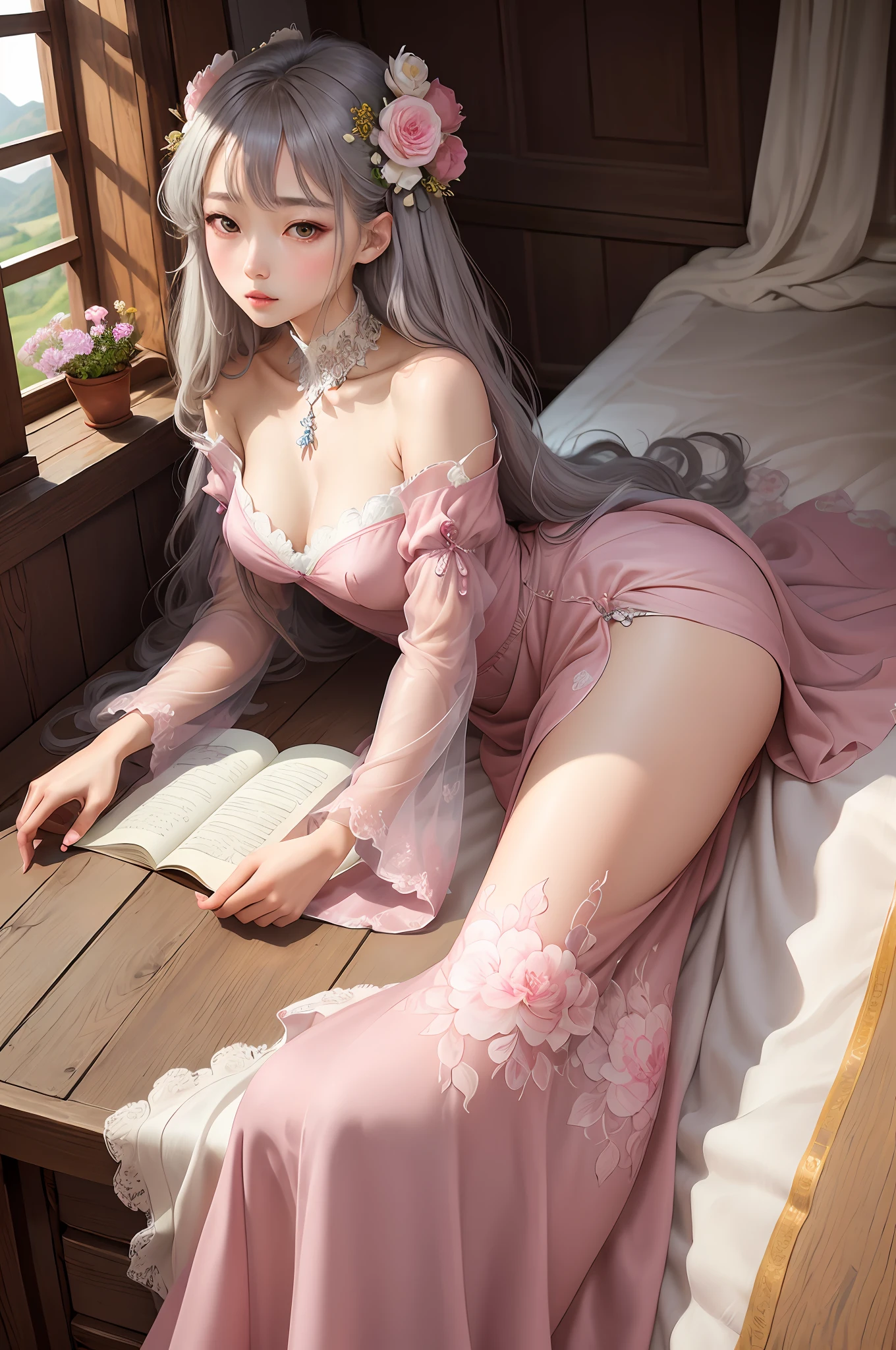 Masterpiece, digital drawing girl like the one in Korean novels, gray hair, black eyes, pink and thin lips, delicate features, a beautiful dress from the middle ages like those drawn in manhwas, flowers around her, with nothing around of her neck, the landscape behind her is an open window with white sheets, a luxurious room from the middle ages, a mansion