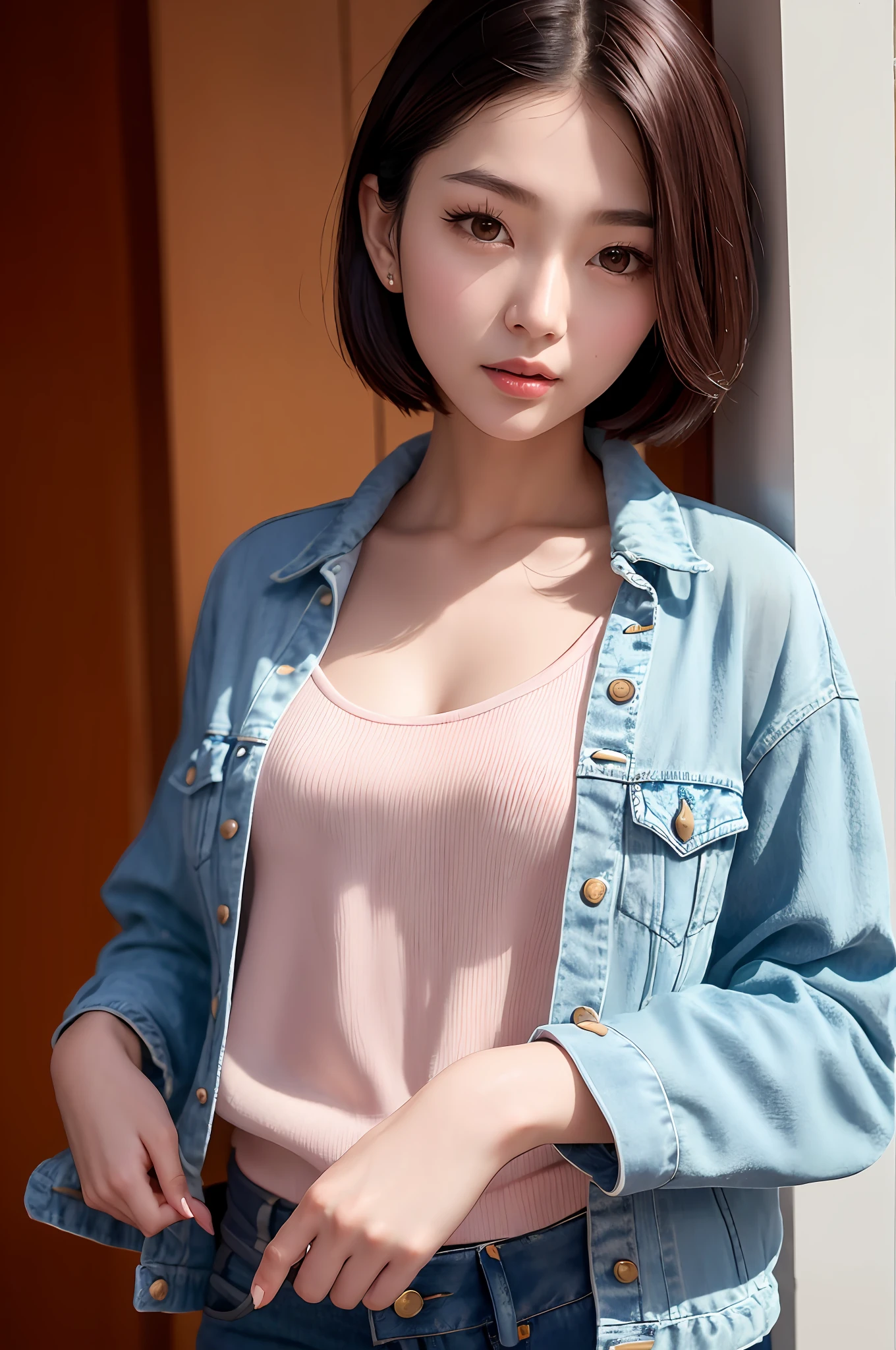 Gentle and charming Chinese beautiful woman, upper body photo, exquisite and sexy collarbone, charming oval face, double eyelids, smart peach blossom eyes, pink lips, small nose, bare shoulders, focused face, face close-up, ultra-high-definition, Super details, elegant stance, Korean style trendy badge denim jacket women&#39;s long-sleeved cropped jacket top, short style looks very neat, very slim