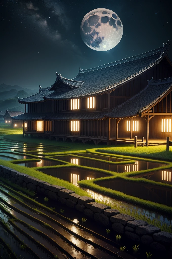 Night, bright moon, stars, ancient buildings, rice fields, fireflies, surreal photos, 8k resolution