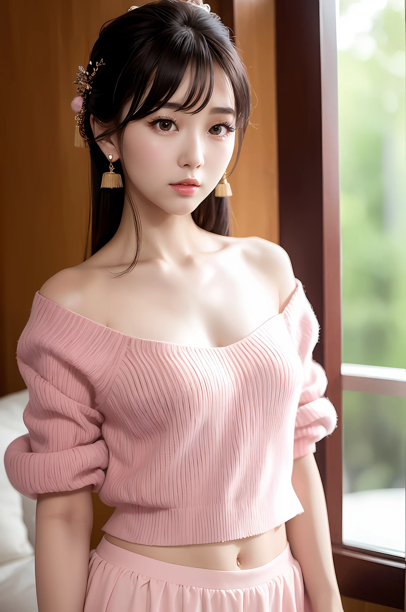 Gentle and charming Chinese beautiful woman, upper body photo, exquisite and sexy collarbone, charming oval face, double eyelids, smart peach blossom eyes, pink lips, small nose, bare shoulders, focused face, face close-up, ultra-high-definition, Super detailed, elegant standing, super sweet mohair sweater, the loose style can best cover the small belly and slimming! It looks great with a skirt and looks tall