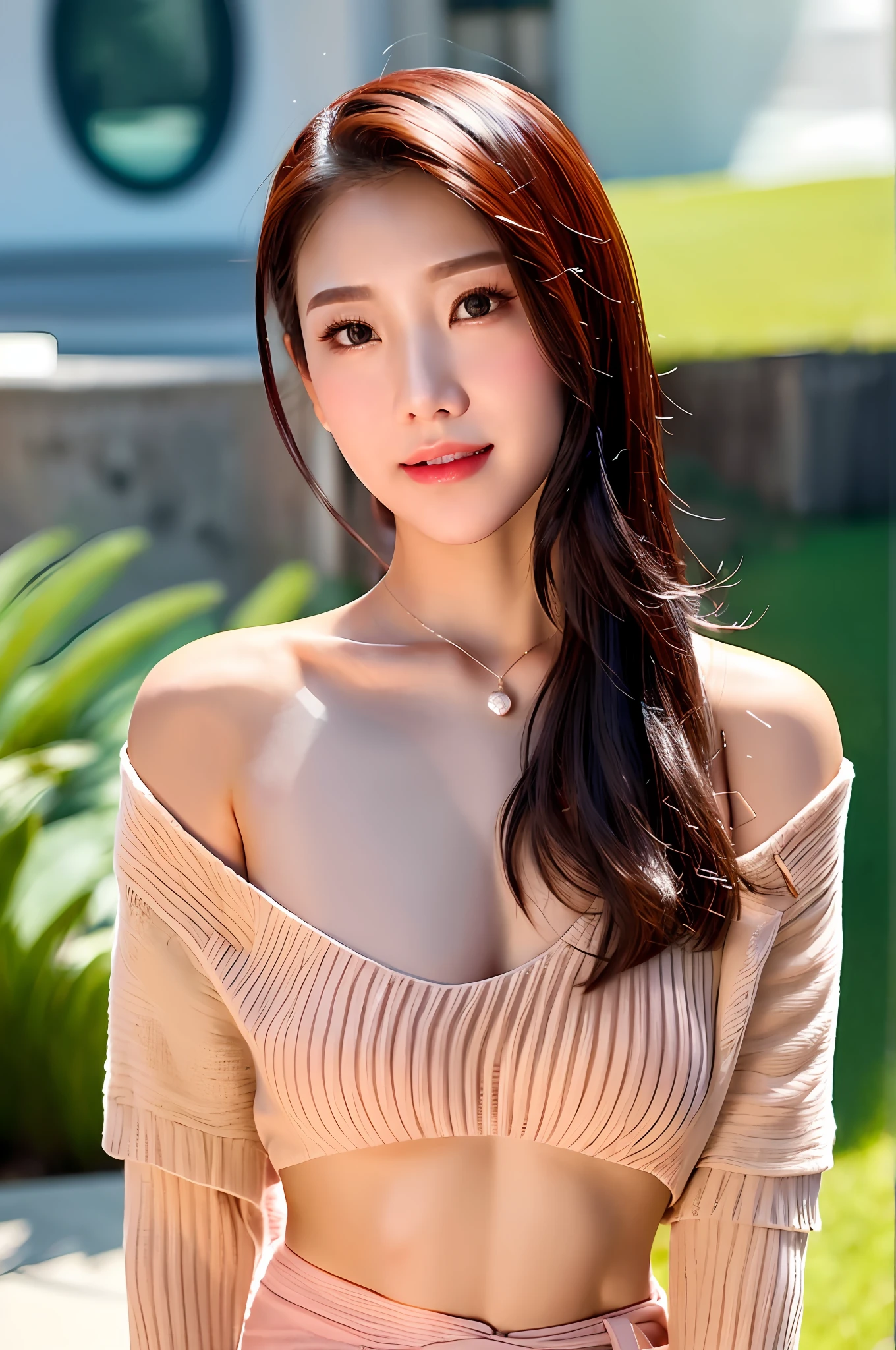 Gentle and charming Chinese beautiful woman, upper body photo, exquisite and sexy collarbone, charming oval face, double eyelids, smart peach blossom eyes, pink lips, small nose, bare shoulders, focused face, face close-up, ultra-high-definition, Super detailed, elegant standing, super sweet mohair sweater, the loose style can best cover the small belly and slimming! It looks great with a skirt and looks tall