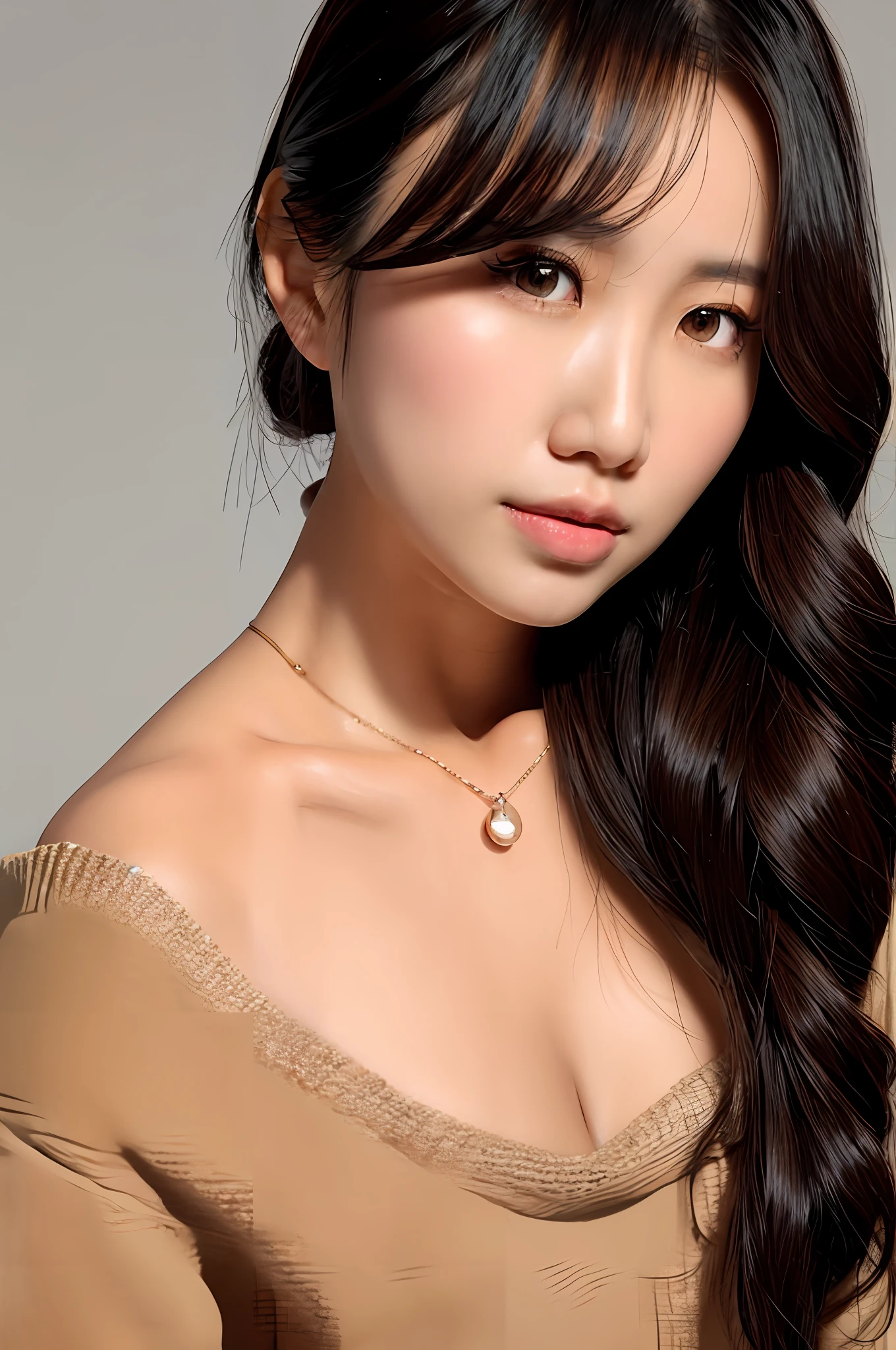 Gentle and charming Chinese beautiful woman, upper body photo, exquisite and sexy collarbone, charming oval face, double eyelids, smart peach blossom eyes, pink lips, small nose, bare shoulders, focused face, face close-up, ultra-high-definition, Super detailed, elegant standing, super sweet mohair sweater, the loose style can best cover the small belly and slimming! It looks great with a skirt and looks tall