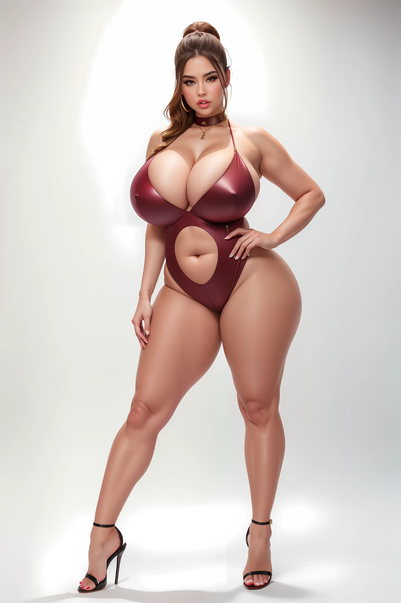 high quality, best quality, hires, high resolution, masterpiece, 4k, photorealism, photorealistic, realistic, realism, detailed face, detailed skin, detailed eyes, detailed mouth, ponytail, silicone tits, hourglass figure, beautiful woman, sexy woman, ((huge breasts)), ((cleavage)), ((huge tits)), ((wide hips)), ((thick thighs)), ((big ass)), sexy, alluring, seductive, bimbo, bimbo lips, puffy lips