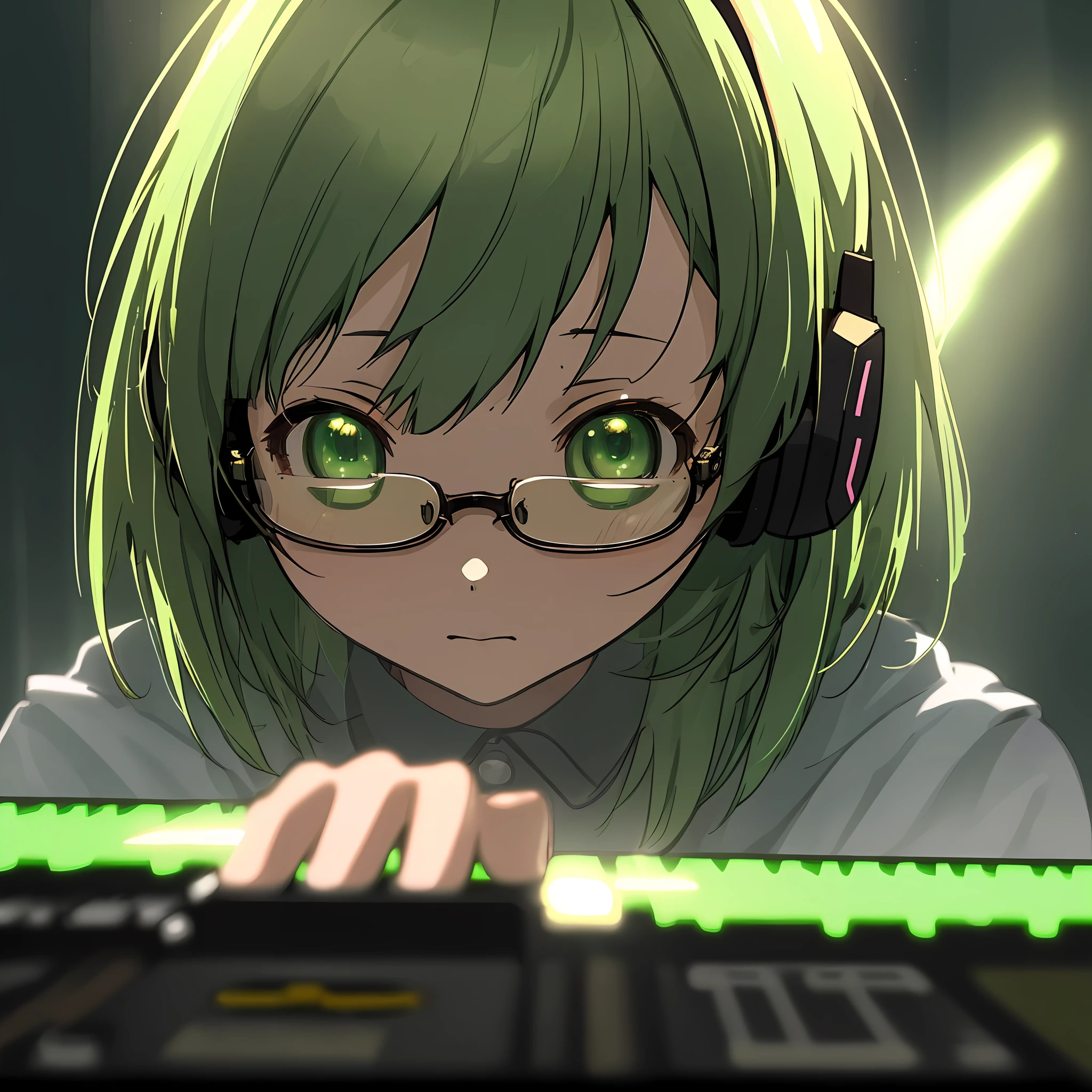 anime, deejaying girl, dj, dj girl, headphones, rave, (highest picture quality),masterpiece,best quality,extremely detailed CG wallpaper, ultra_detailed,(Cinematic Lighting:1.1), (cold face), green eyes, 1girl, solo, dark-green_hair, short_hair, masterpiece, best quality, glasses