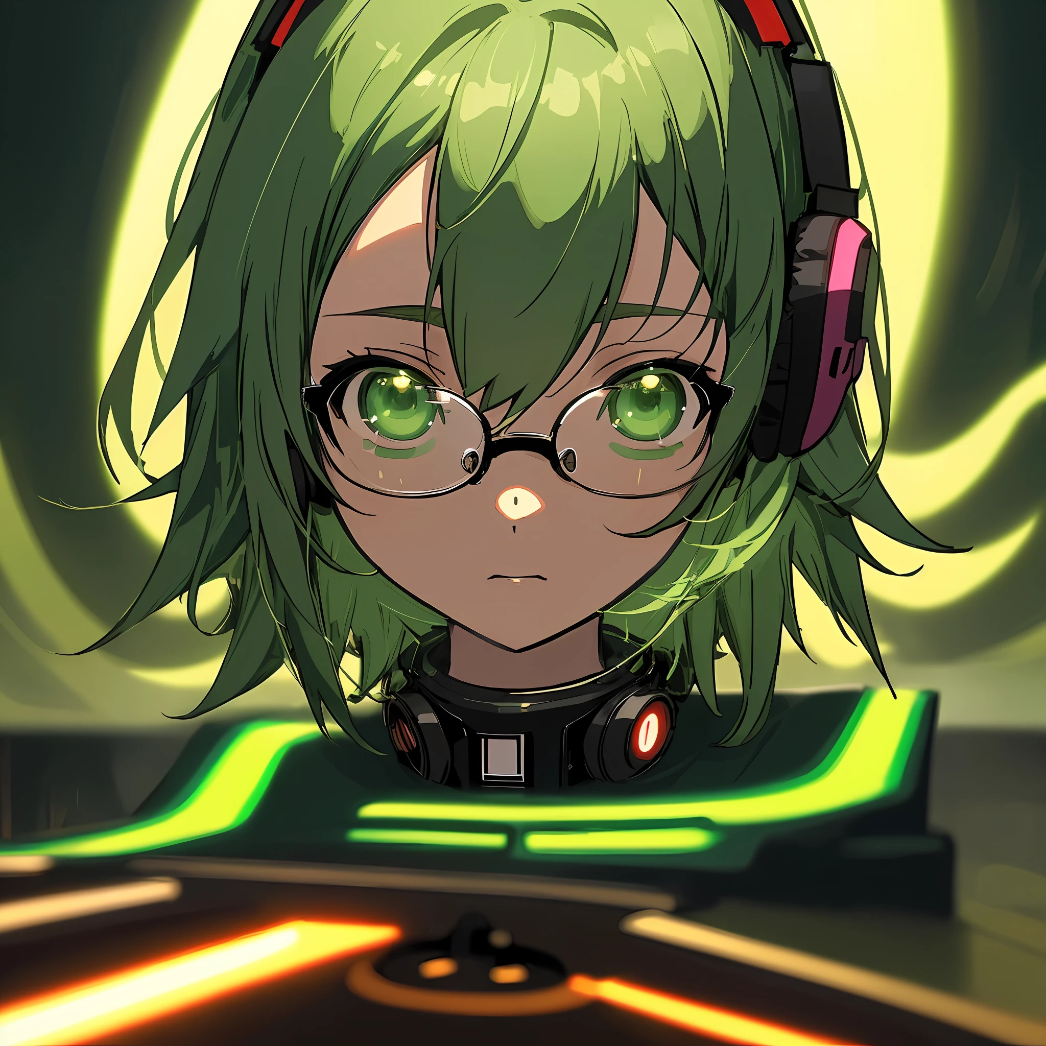 anime, deejaying girl, dj, dj girl, headphones, rave, (highest picture quality),masterpiece,best quality,extremely detailed CG wallpaper, ultra_detailed,(Cinematic Lighting:1.1), (cold face), green eyes, 1girl, solo, dark-green_hair, short_hair, masterpiece, best quality, glasses
