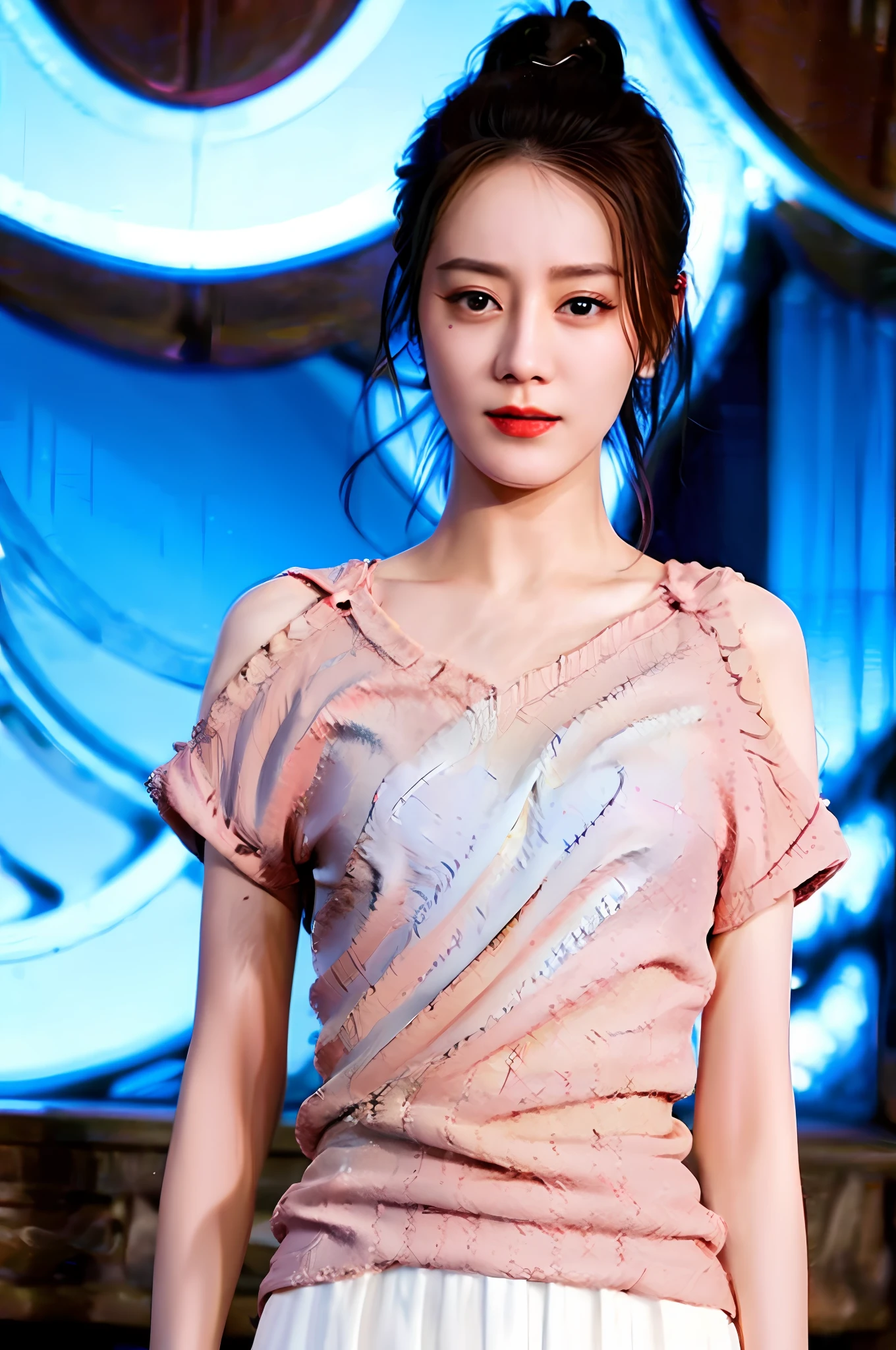 Gentle and charming Chinese beautiful woman, upper body photo, exquisite and sexy collarbone, charming oval face, double eyelids, smart peach blossom eyes, pink lips, small nose, bare shoulders, focused face, face close-up, ultra-high-definition, Super detailed, elegant standing, super sweet mohair sweater, the loose style can best cover the small belly and slimming! It looks great with a skirt and looks tall