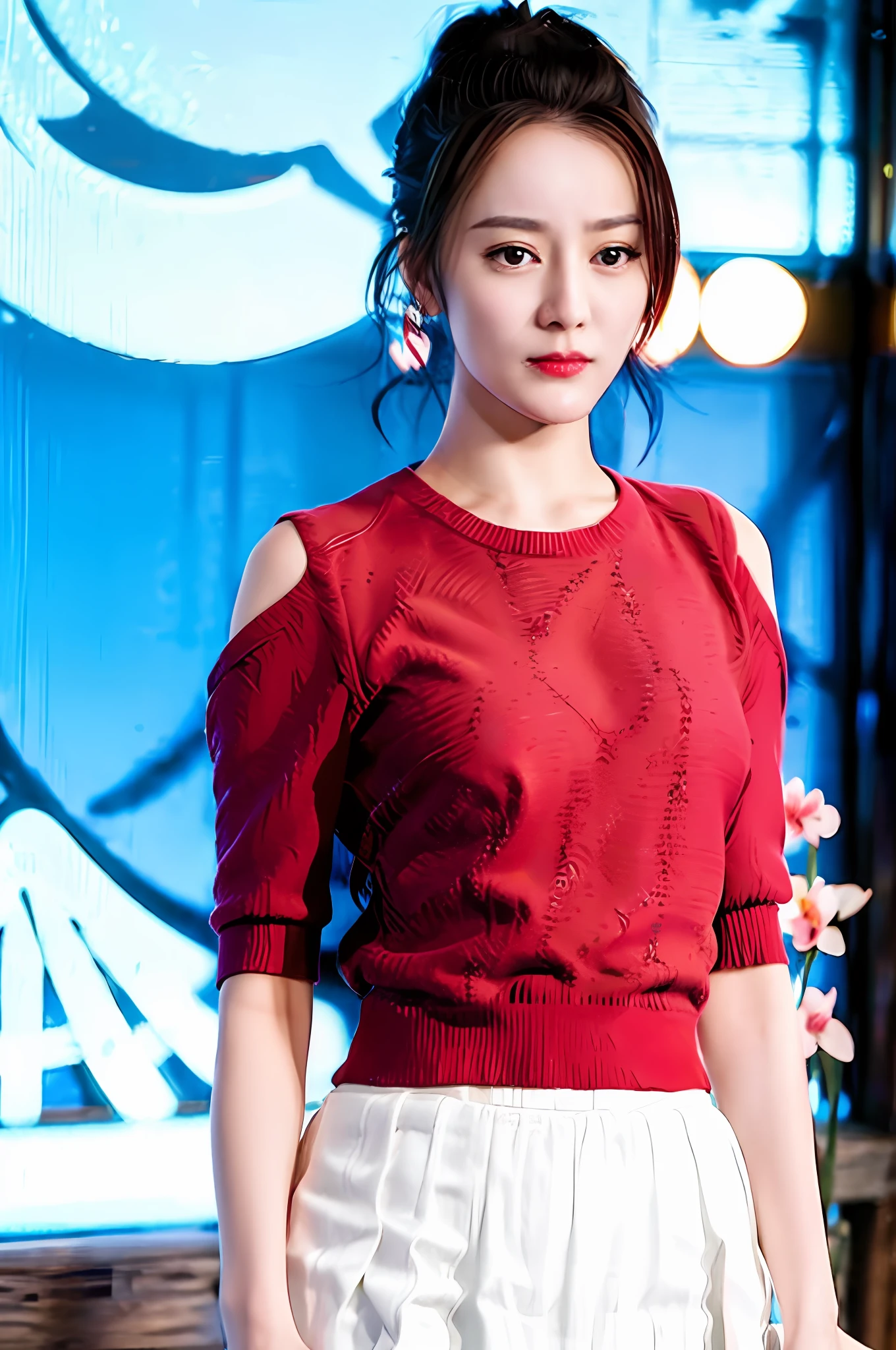 Gentle and charming Chinese beautiful woman, upper body photo, exquisite and sexy collarbone, charming oval face, double eyelids, smart peach blossom eyes, pink lips, small nose, bare shoulders, focused face, face close-up, ultra-high-definition, Super detailed, elegant standing, super sweet mohair sweater, the loose style can best cover the small belly and slimming! It looks great with a skirt and looks tall